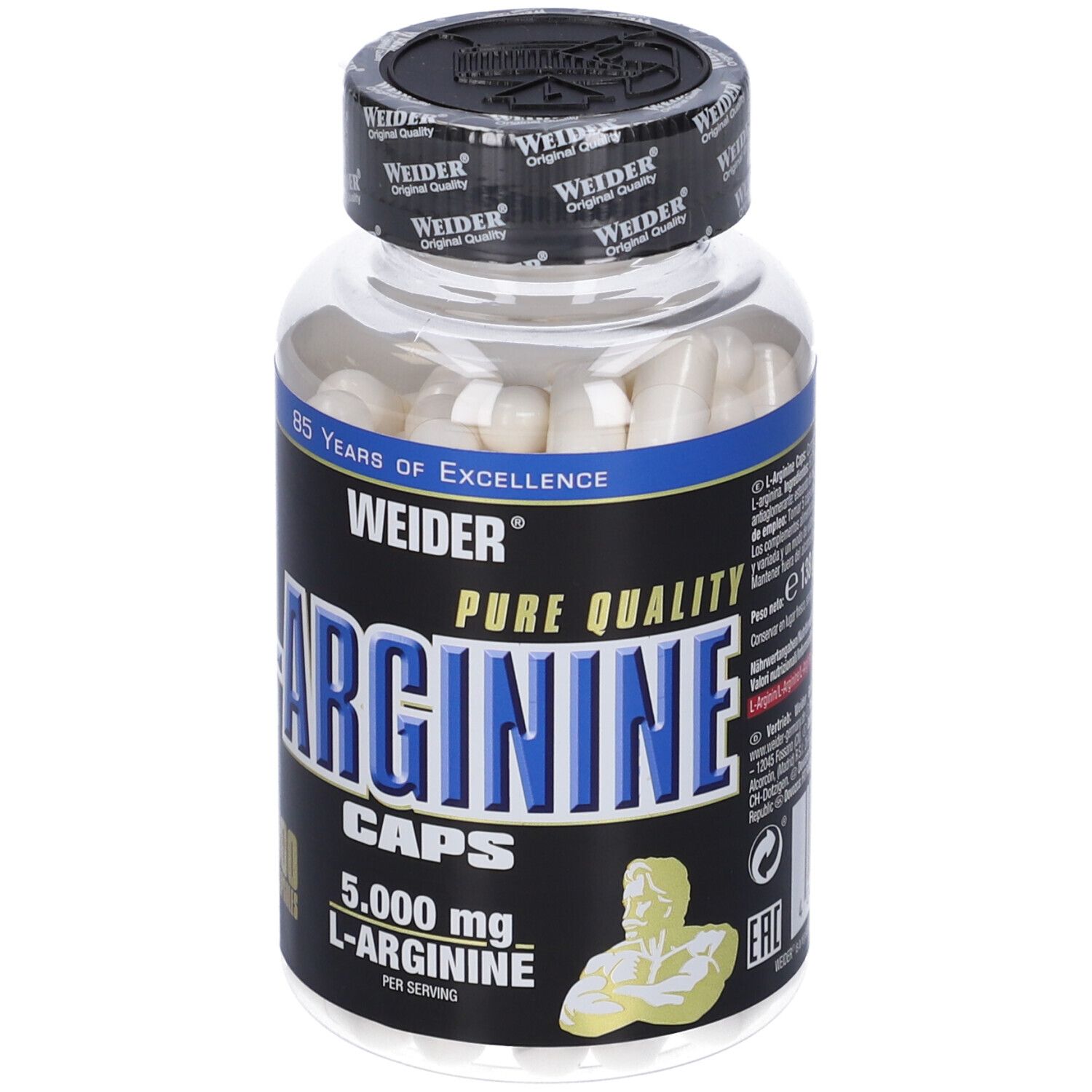 Capsule di L-Arginina Weider in flacone trasparente. Etichetta nera con dettagli blu. 100 capsule, 5.000 mg di L-Arginina.