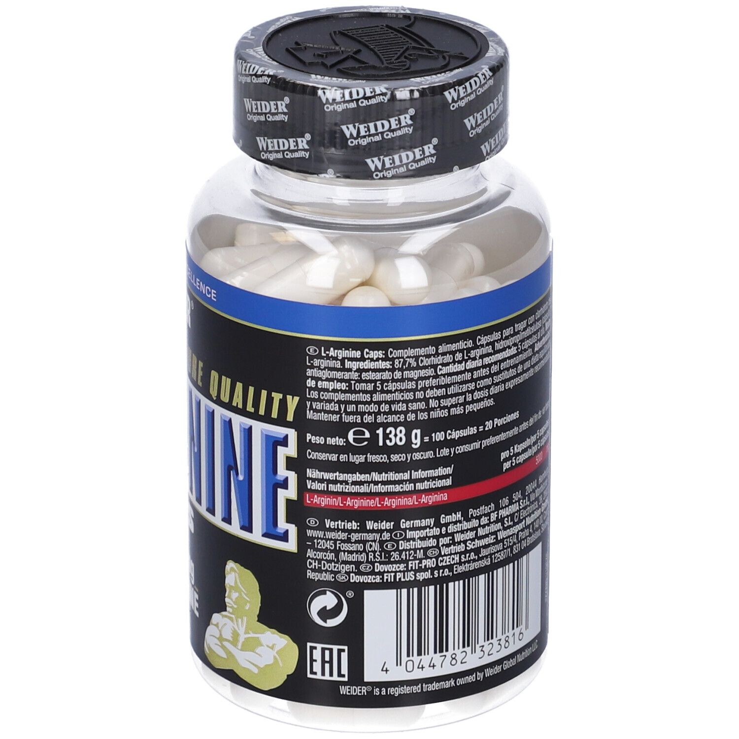 Capsule di L-Arginina Weider. Flacone trasparente con etichetta nera. Contiene 100 capsule. Informazioni sul prodotto e nutrizionali sul retro.