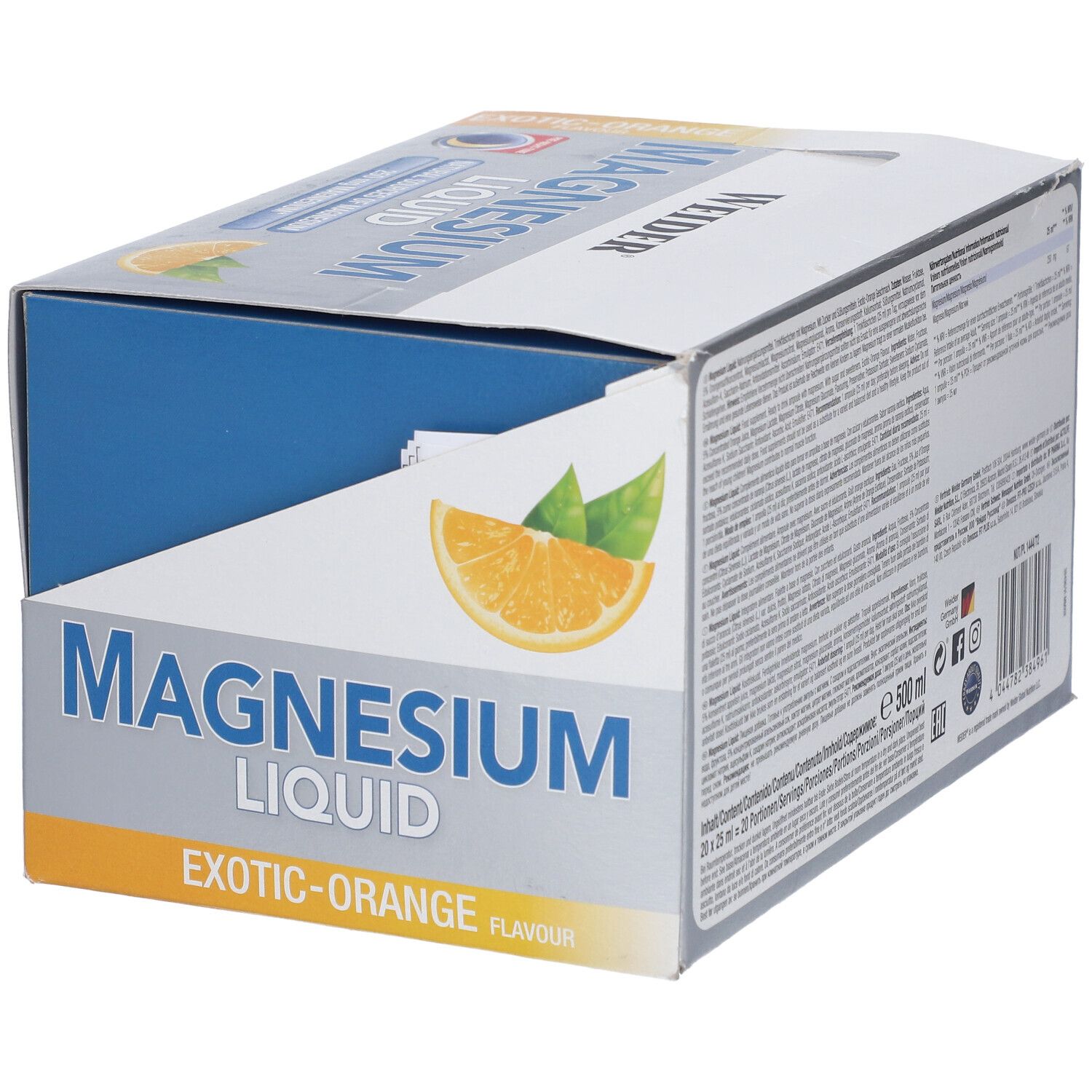 Confezione WEIDER Magnesium Liquid aperta. Scritta: Magnesium Liquid, Exotic-Orange. Immagine di un'arancia.