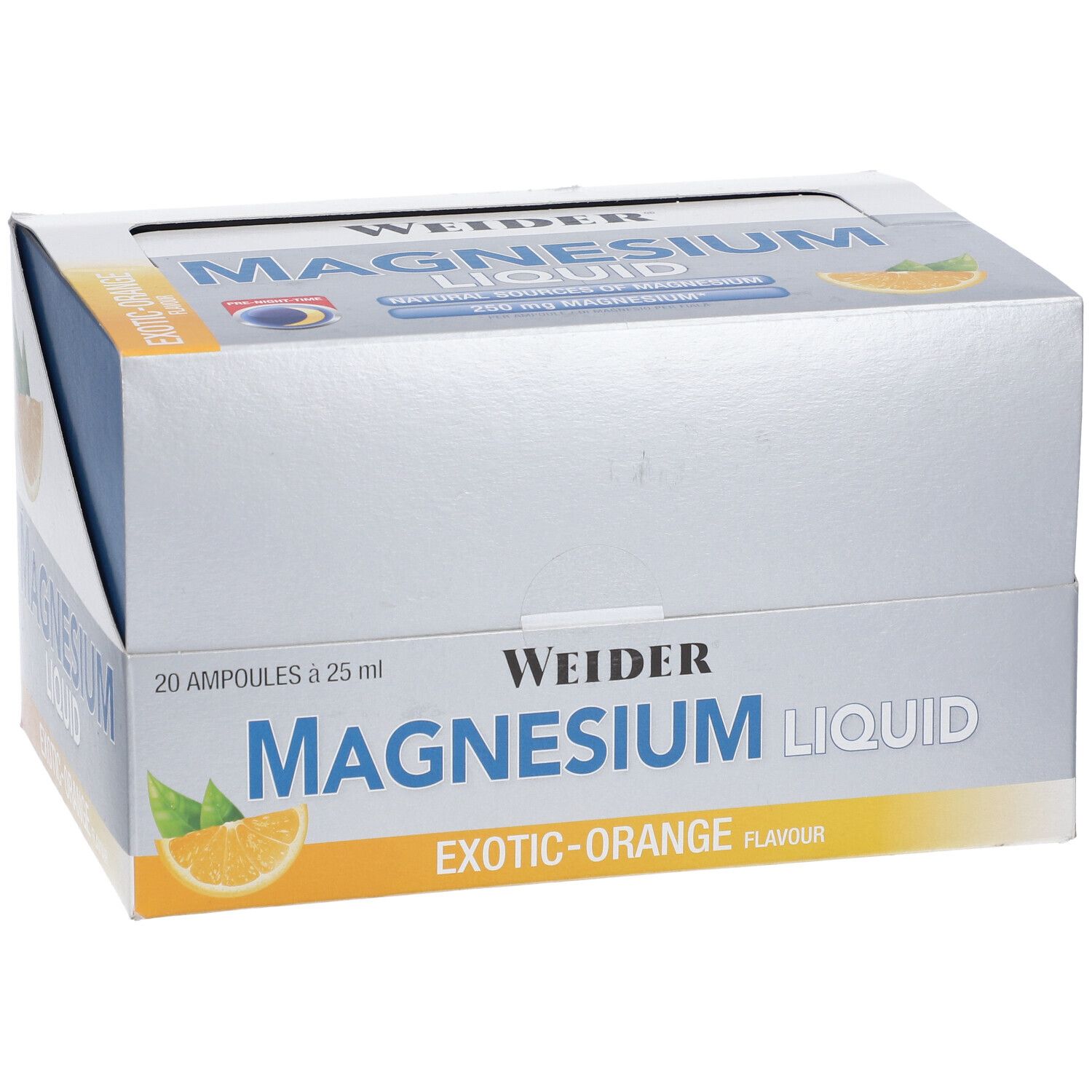 Scatola WEIDER Magnesium Liquid. Scritta: Magnesium Liquid, Exotic-Orange. 20 fiale da 25 ml.
