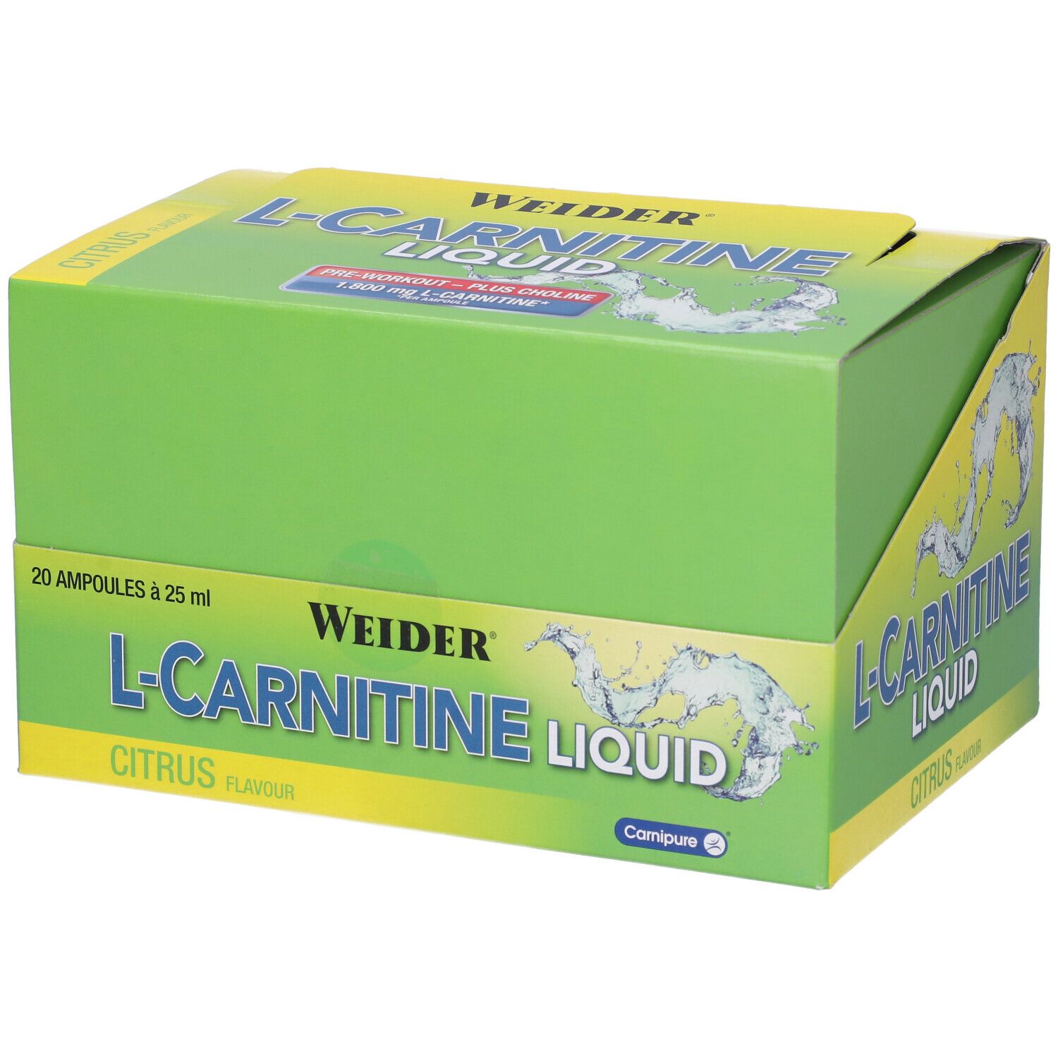 Confezione in cartone verde con L-Carnitine Liquid, Citrus. Contiene 20 fiale da 25 ml. Marchio Weider.
