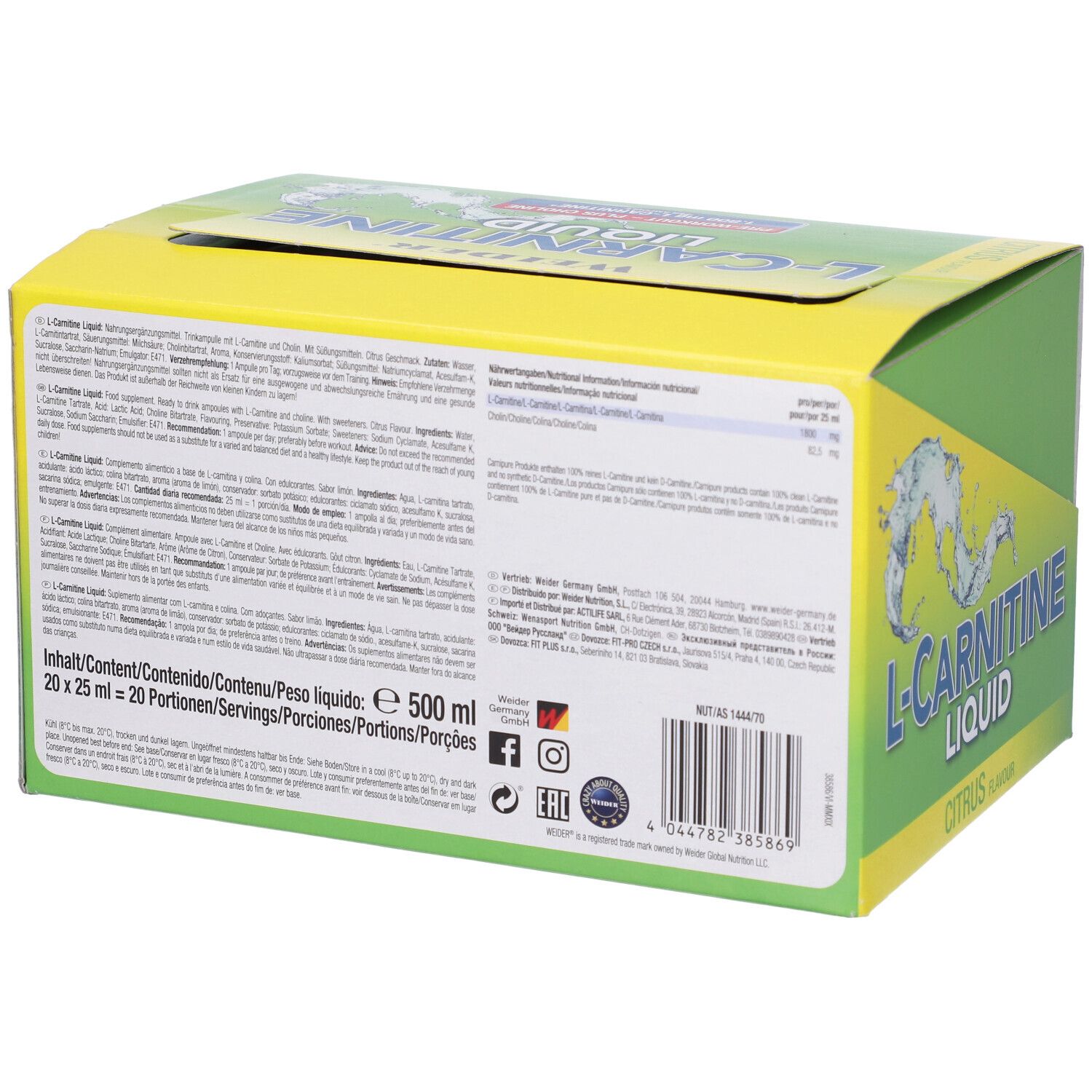 Retro della confezione in cartone verde con informazioni sul prodotto. Contiene L-Carnitine Liquid, Citrus. Marchio Weider.