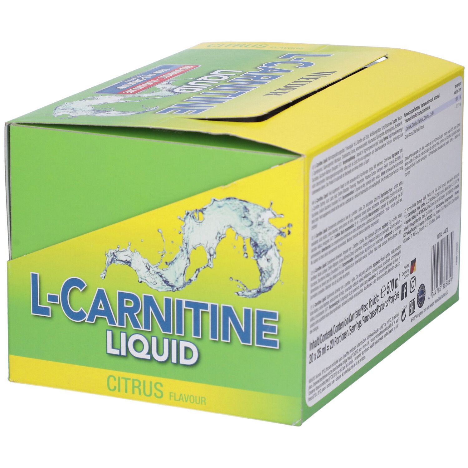 Confezione in cartone verde con L-Carnitine Liquid, Citrus. Marchio Weider. Vista laterale.