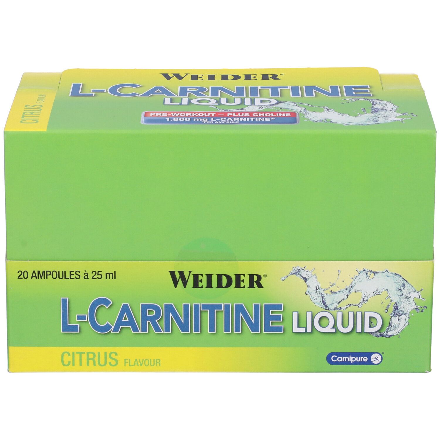 Confezione in cartone verde con L-Carnitine Liquid, Citrus. Marchio Weider. Contiene 20 fiale da 25 ml.