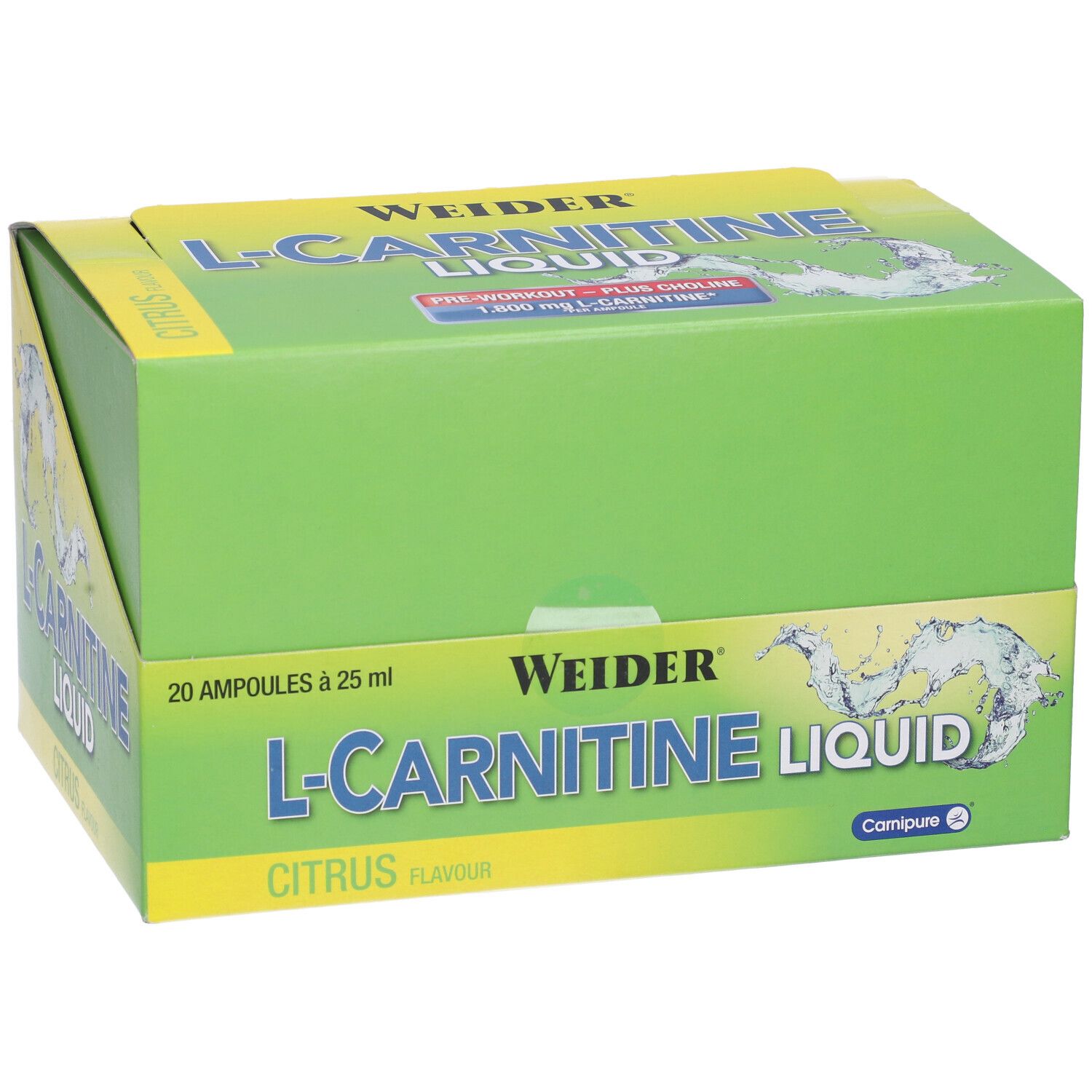 Confezione in cartone verde con L-Carnitine Liquid, Citrus. Marchio Weider. Contiene 20 fiale da 25 ml.