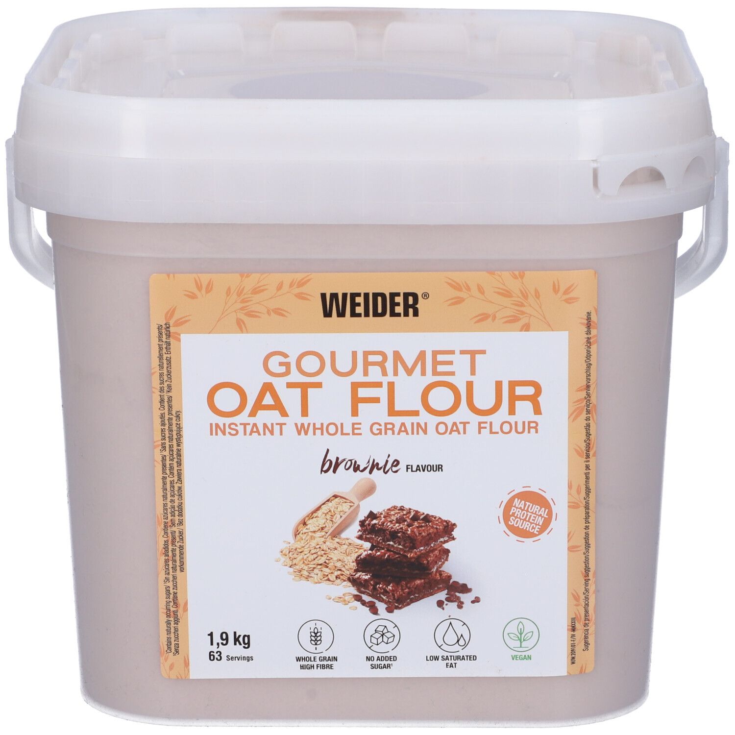 Secchio di Weider Gourmet Oat Flour Brownie. Etichetta con nome del prodotto, ingredienti e informazioni nutrizionali. Vegano.