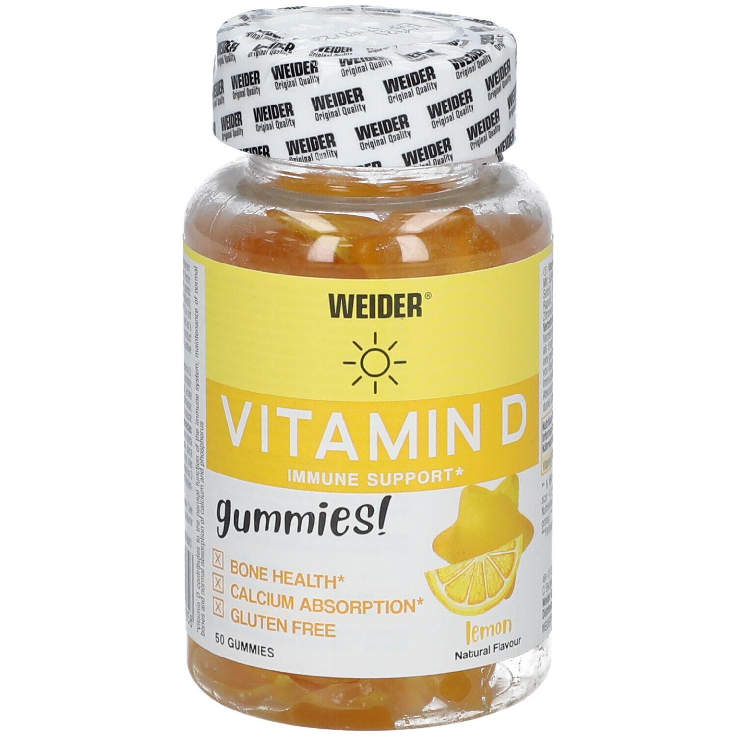 Flacone in vetro di caramelle gommose alla vitamina D. Etichetta gialla con "WEIDER", "Vitamin D" e "Gummies!". Illustrazione di limone.