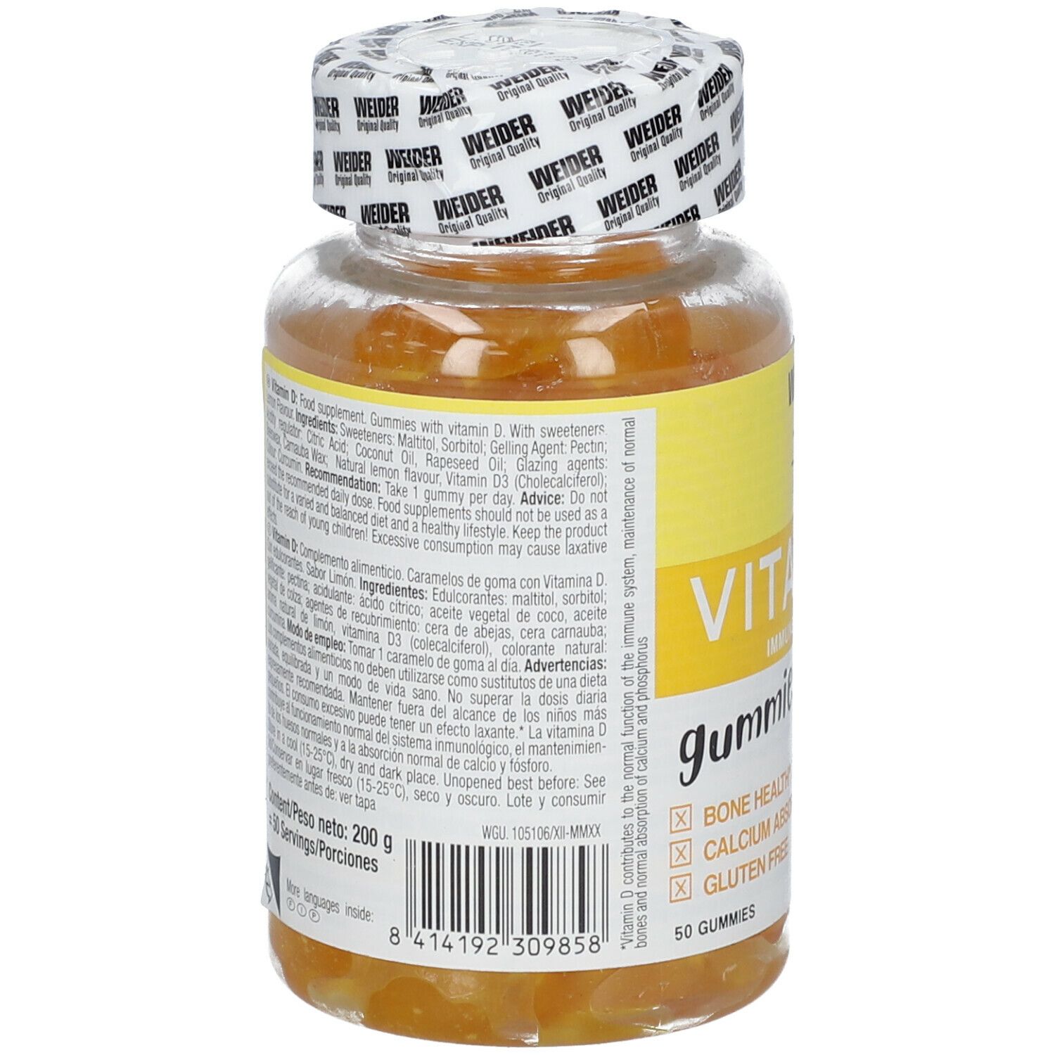 Retro del flacone di caramelle gommose alla vitamina D. Etichetta gialla con ingredienti e informazioni nutrizionali. Codice a barre e "50 Gummies".