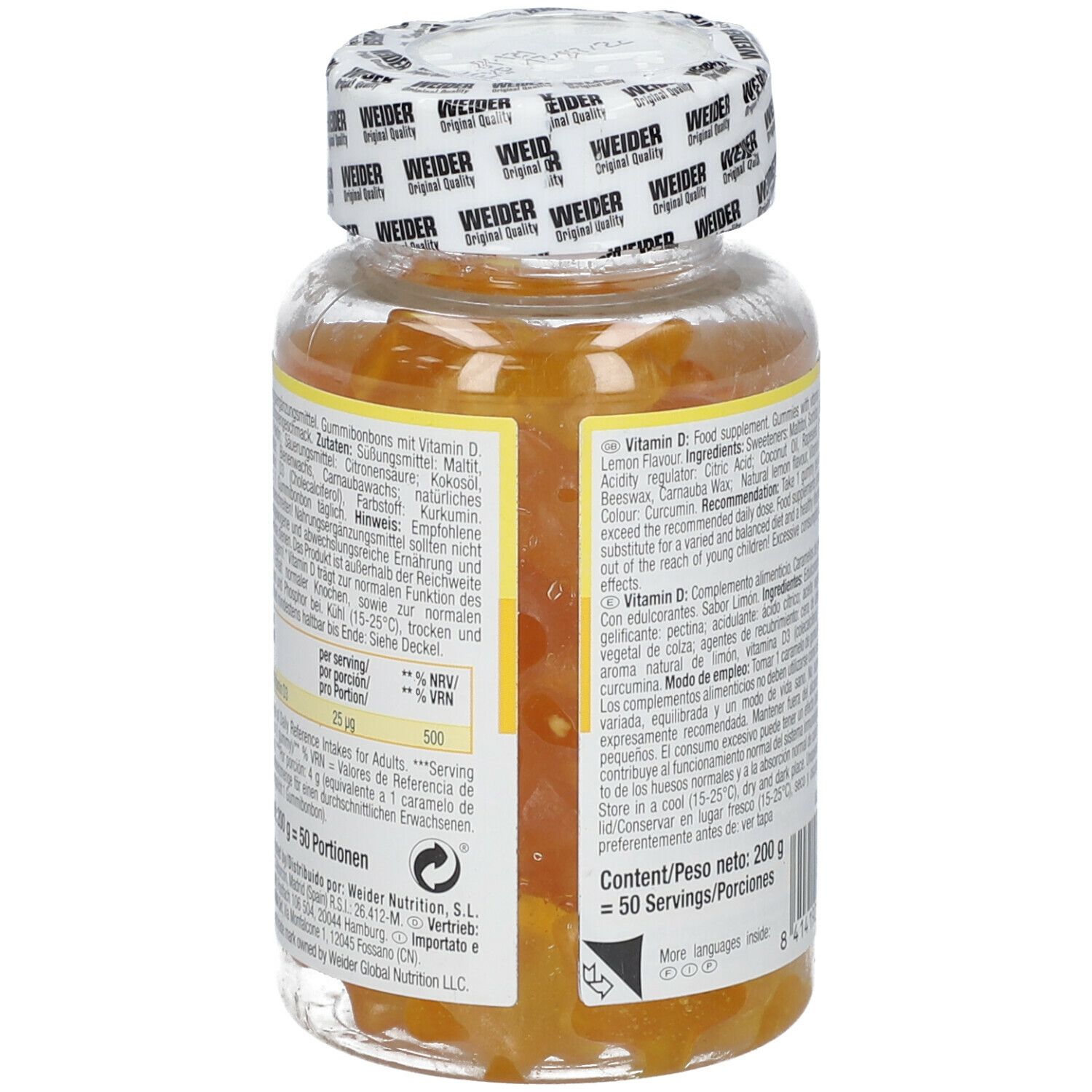 Retro del flacone di caramelle gommose alla vitamina D. Etichetta gialla con ingredienti e informazioni nutrizionali. Testo multilingue.