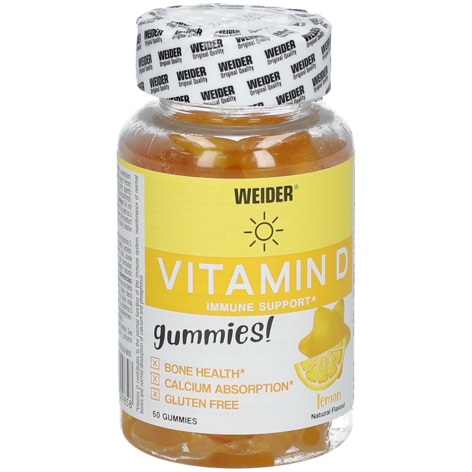 Flacone in vetro di caramelle gommose alla vitamina D. Etichetta gialla con "WEIDER", "Vitamin D" e "Gummies!". Illustrazione di limone.