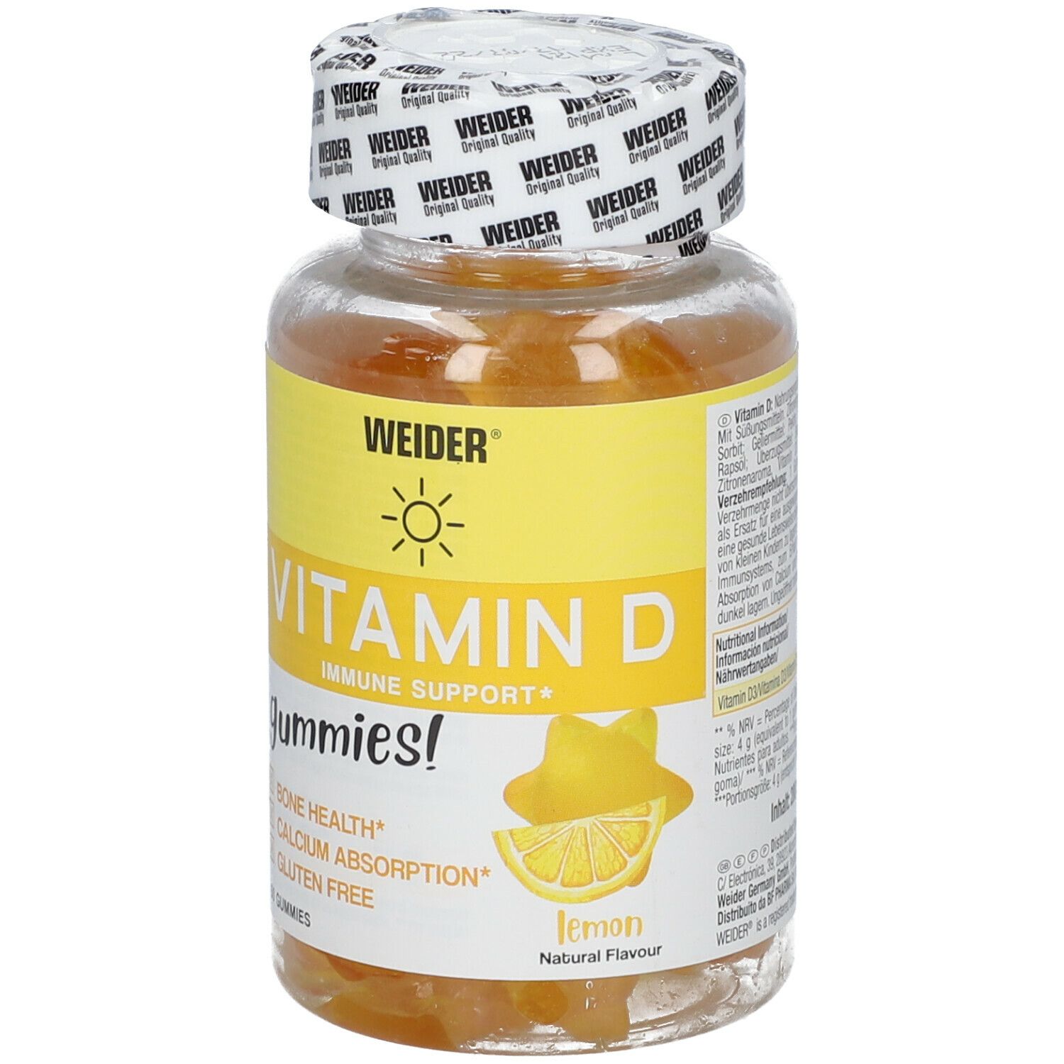 Flacone in vetro di caramelle gommose alla vitamina D. Etichetta gialla con "WEIDER", "Vitamin D" e "Gummies!". Illustrazione di limone.