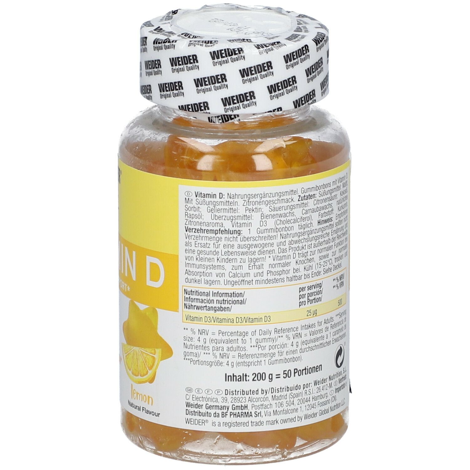 Flacone in vetro di caramelle gommose alla vitamina D. Etichetta gialla con "WEIDER", "Vitamin D" e "Gummies!". Illustrazione di limone e informazioni nutrizionali.