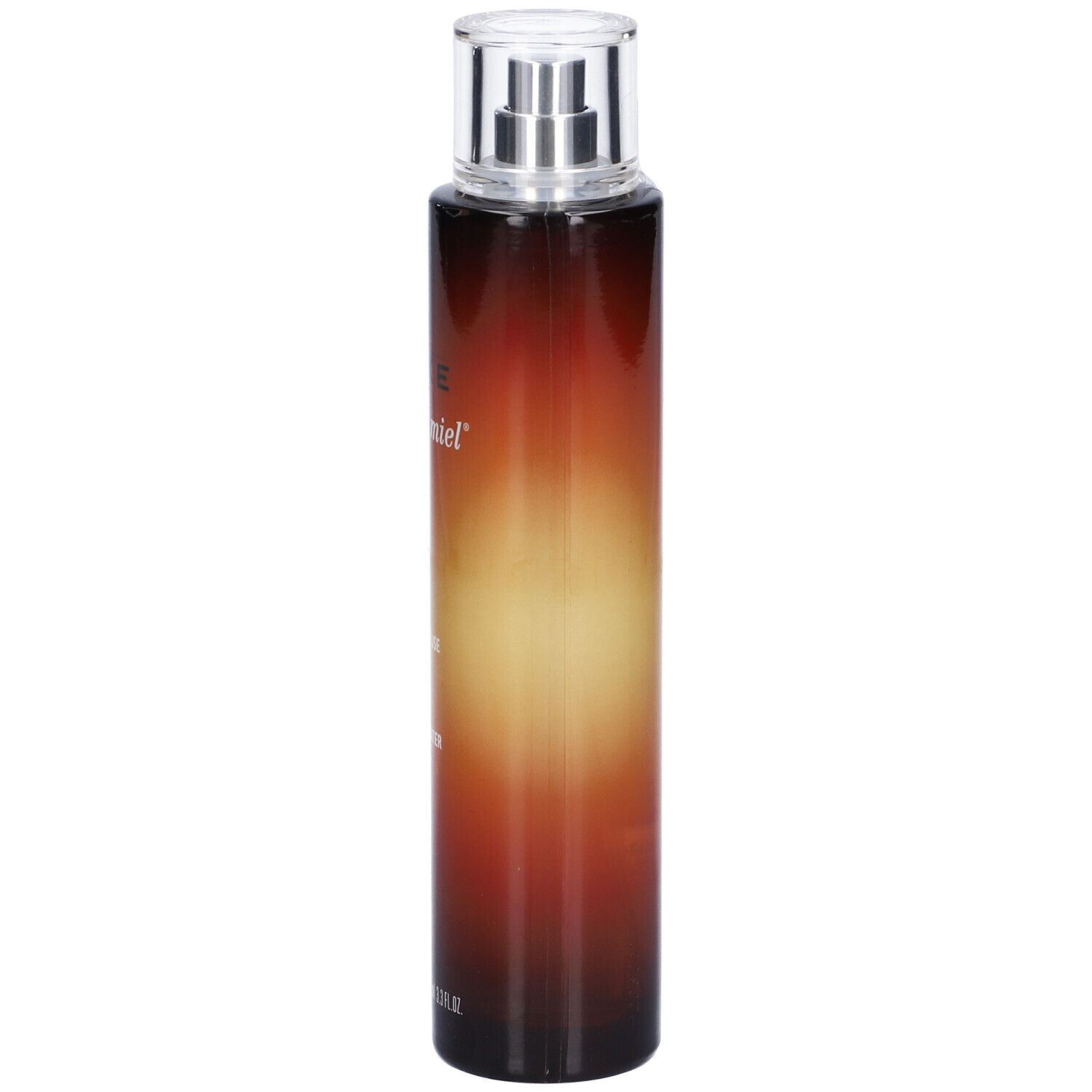 Flacone cilindrico con vaporizzatore. Scritta Nuxe Rêve de Miel, Eau Savoureuse Parfumante, Delectable Fragrant Water. Sfumatura di colori.