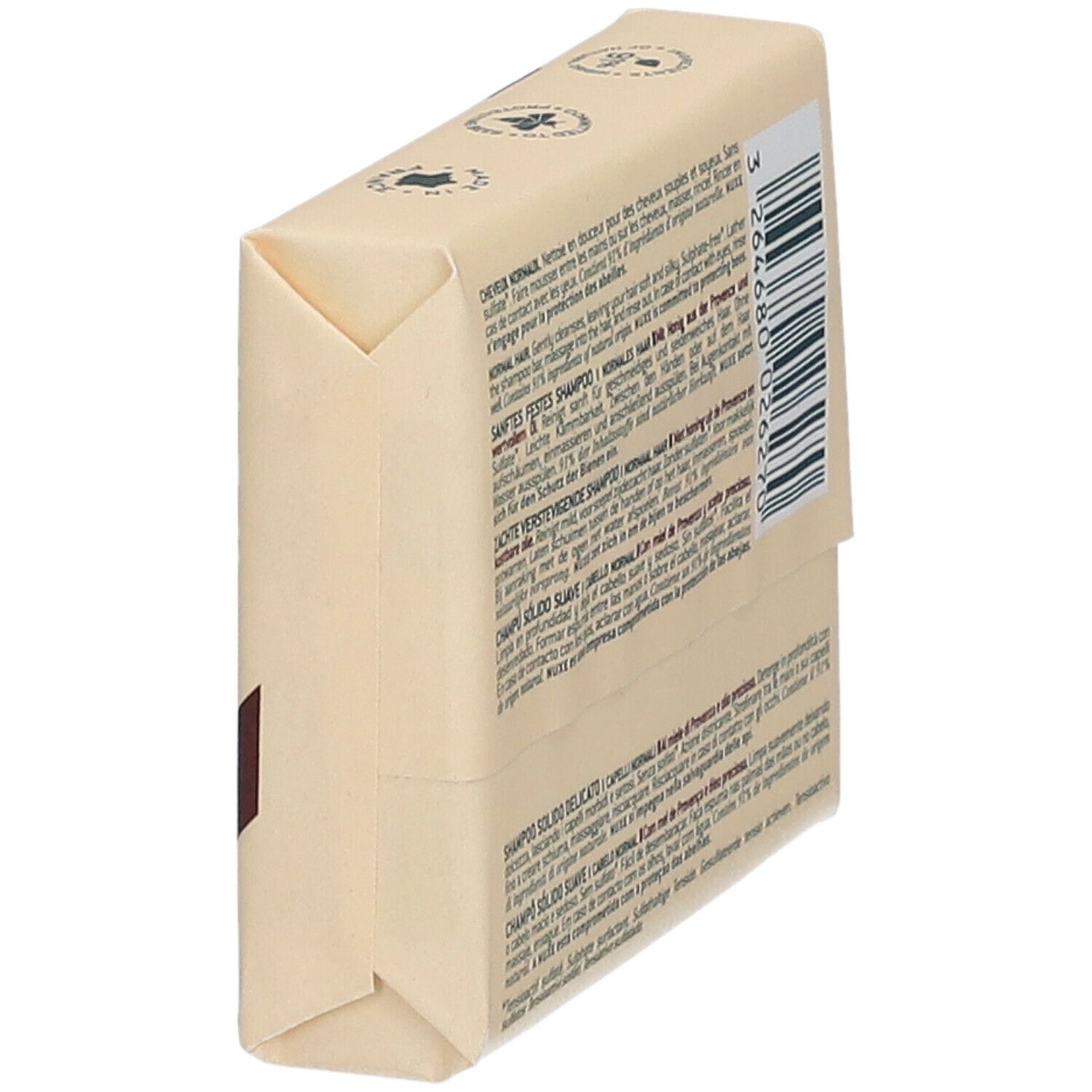 Confezione dello shampoo solido. Marrone chiaro, con testo e codice a barre. Scritte: Nuxe, rêve de miel, Shampooing Solide Douceur.