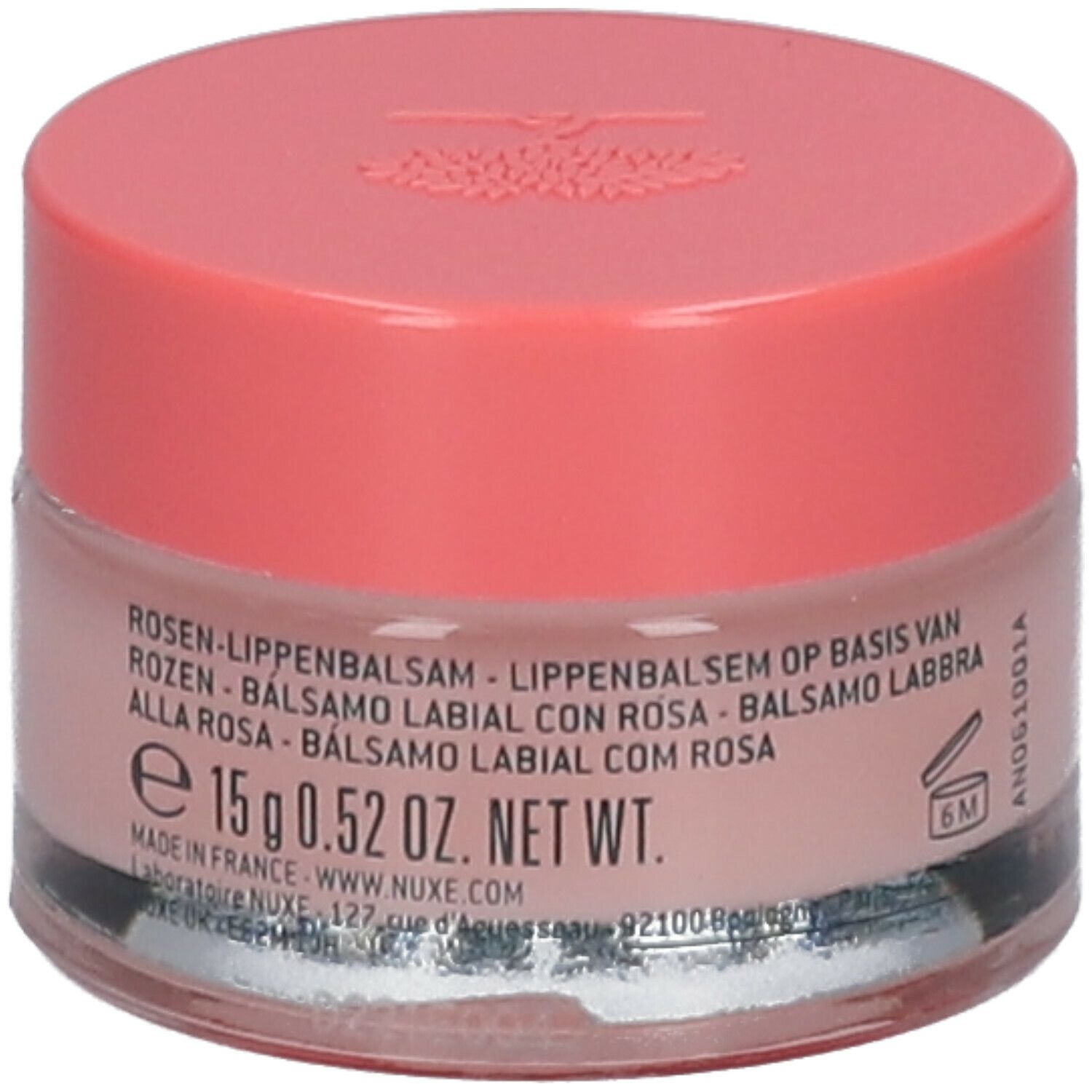 Vasetto rotondo con coperchio rosa. Scritta: Nuxe, Very Rose, Baume Lèvres à la Rose, Rose Lip Balm. 15g.