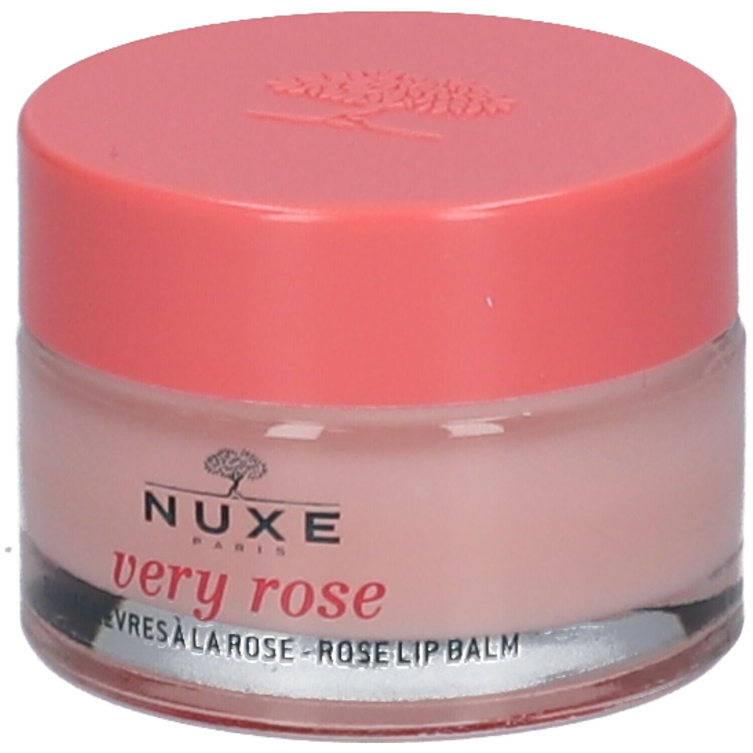 Vasetto rotondo con coperchio rosa. Scritta: Nuxe, Very Rose, Baume Lèvres à la Rose, Rose Lip Balm. 15g.