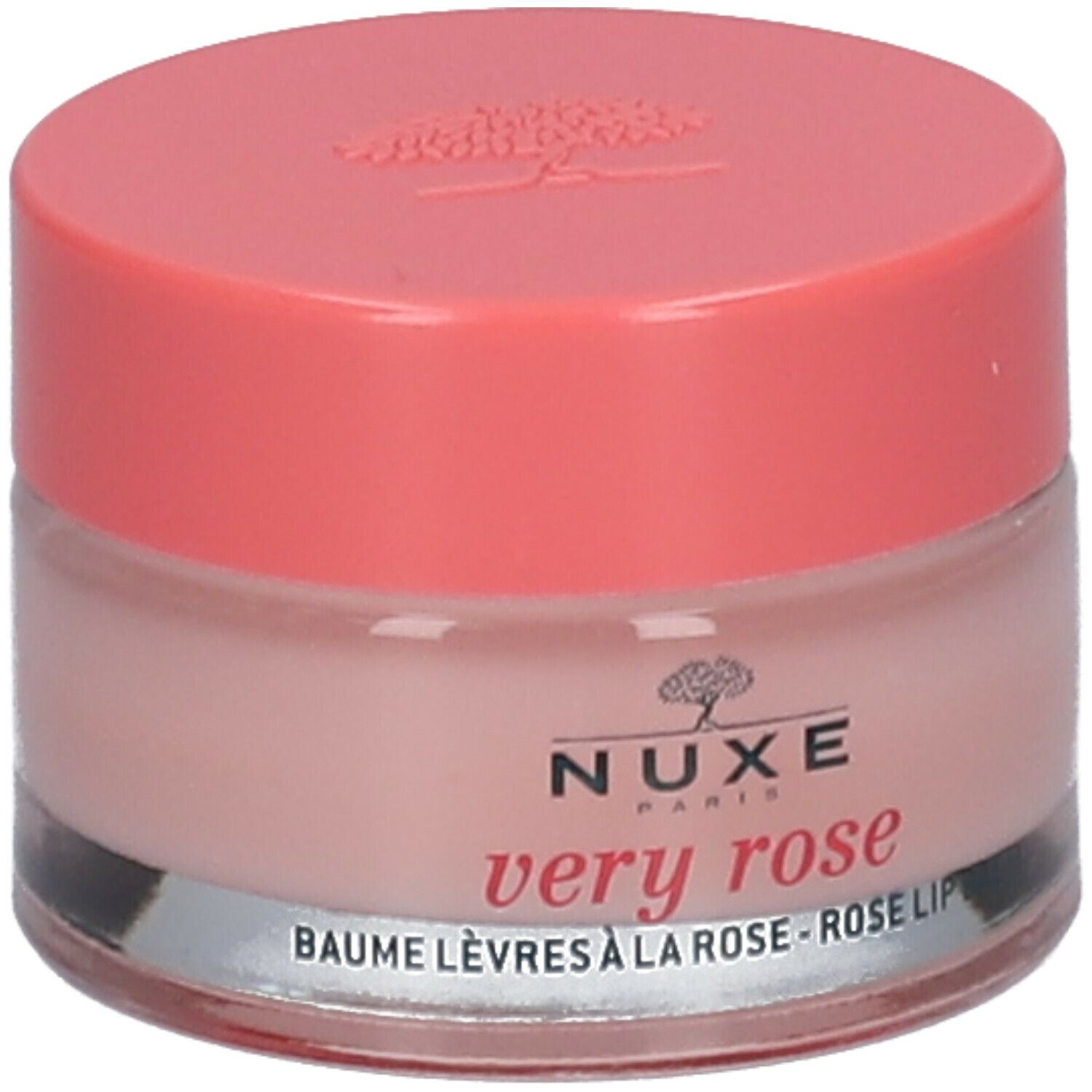 Vasetto rotondo con coperchio rosa. Scritta: Nuxe, Very Rose, Baume Lèvres à la Rose, Rose Lip Balm. 15g.