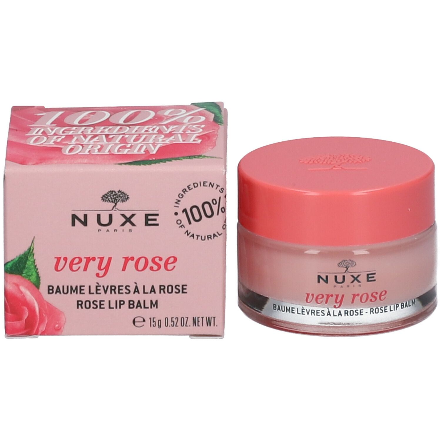 Confezione e vasetto. Scritta: Nuxe, Very Rose, Baume Lèvres à la Rose, Rose Lip Balm. 15g.