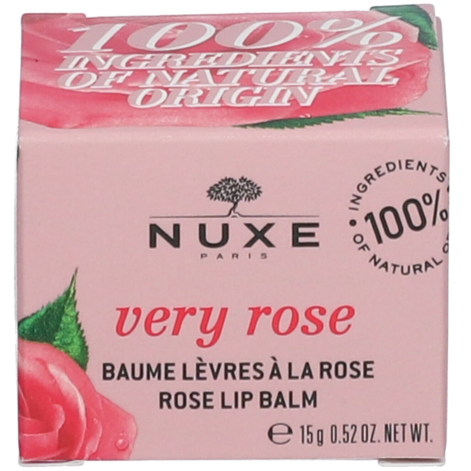 Confezione rosa. Scritta: Nuxe, Very Rose, Baume Lèvres à la Rose, Rose Lip Balm. 15g.