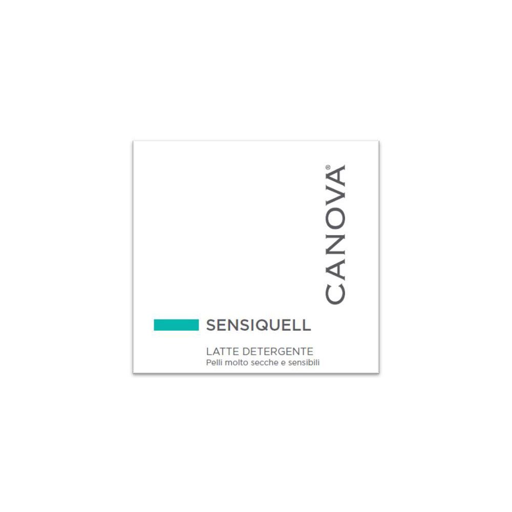 Quadrato bianco con informazioni prodotto. Logo CANOVA. SENSQUELL, LATTE DETERGENTE. Per pelli molto secche e sensibili.
