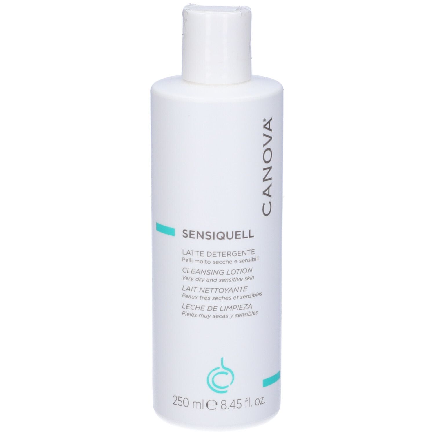 Flacone bianco con tappo a vite. Logo CANOVA. SENSQUELL, LATTE DETERGENTE. 250 ml. Per pelli molto secche e sensibili.