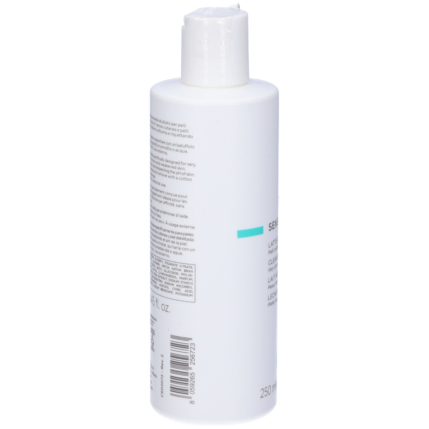 Flacone bianco con informazioni prodotto. Logo CANOVA. SENSQUELL, LATTE DETERGENTE. 250 ml. Codice a barre e testo.
