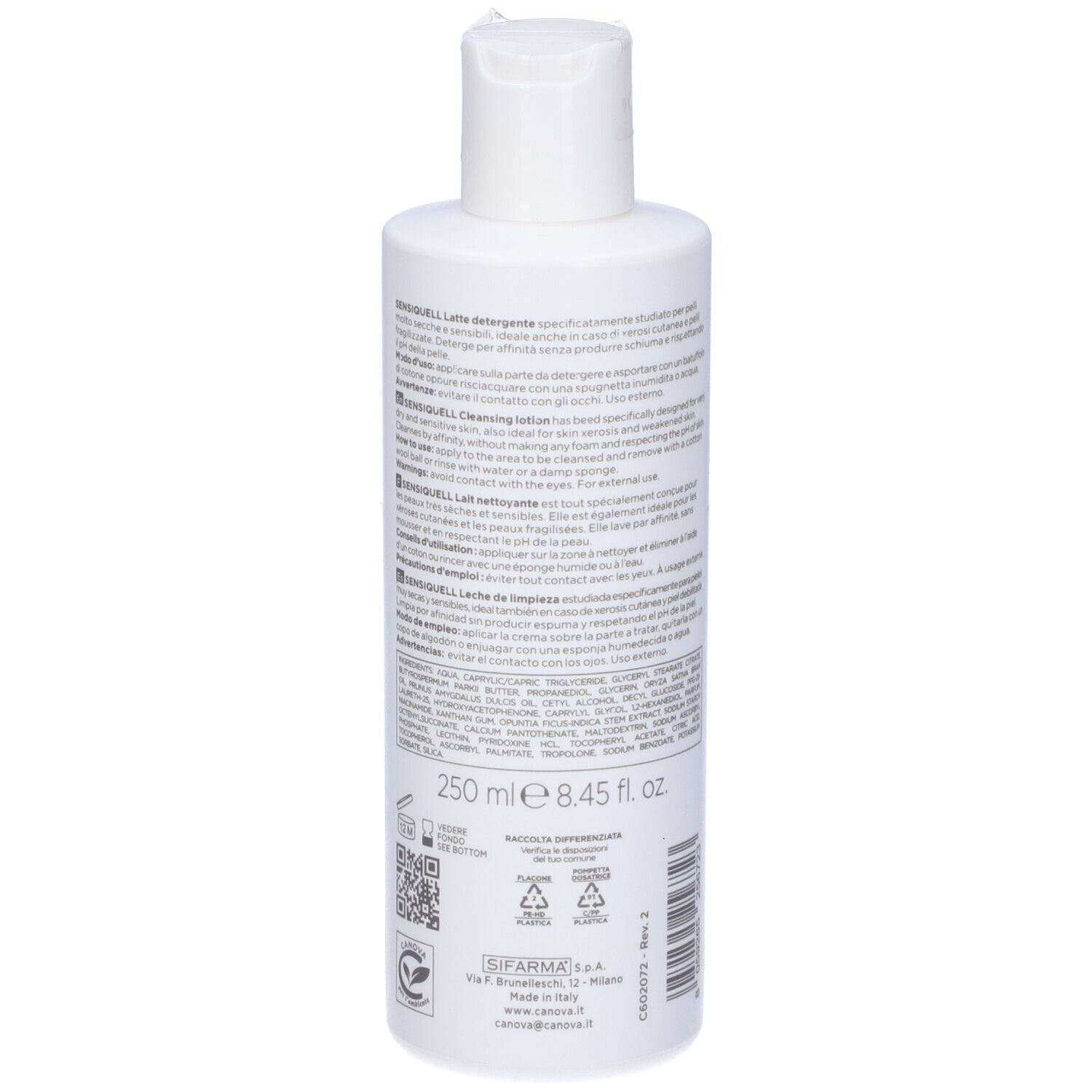 Flacone bianco con informazioni prodotto. Logo CANOVA. SENSQUELL, LATTE DETERGENTE. 250 ml. Codice QR e testo.
