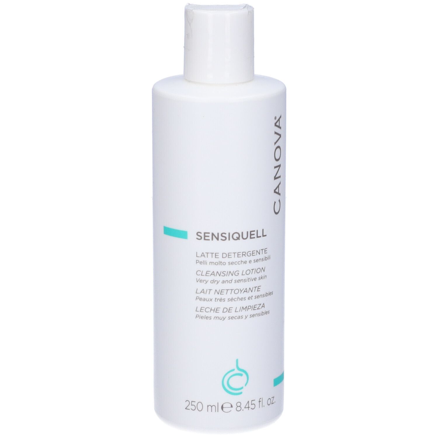 Flacone bianco con informazioni prodotto. Logo CANOVA. SENSQUELL, LATTE DETERGENTE. 250 ml. Per pelli molto secche e sensibili.