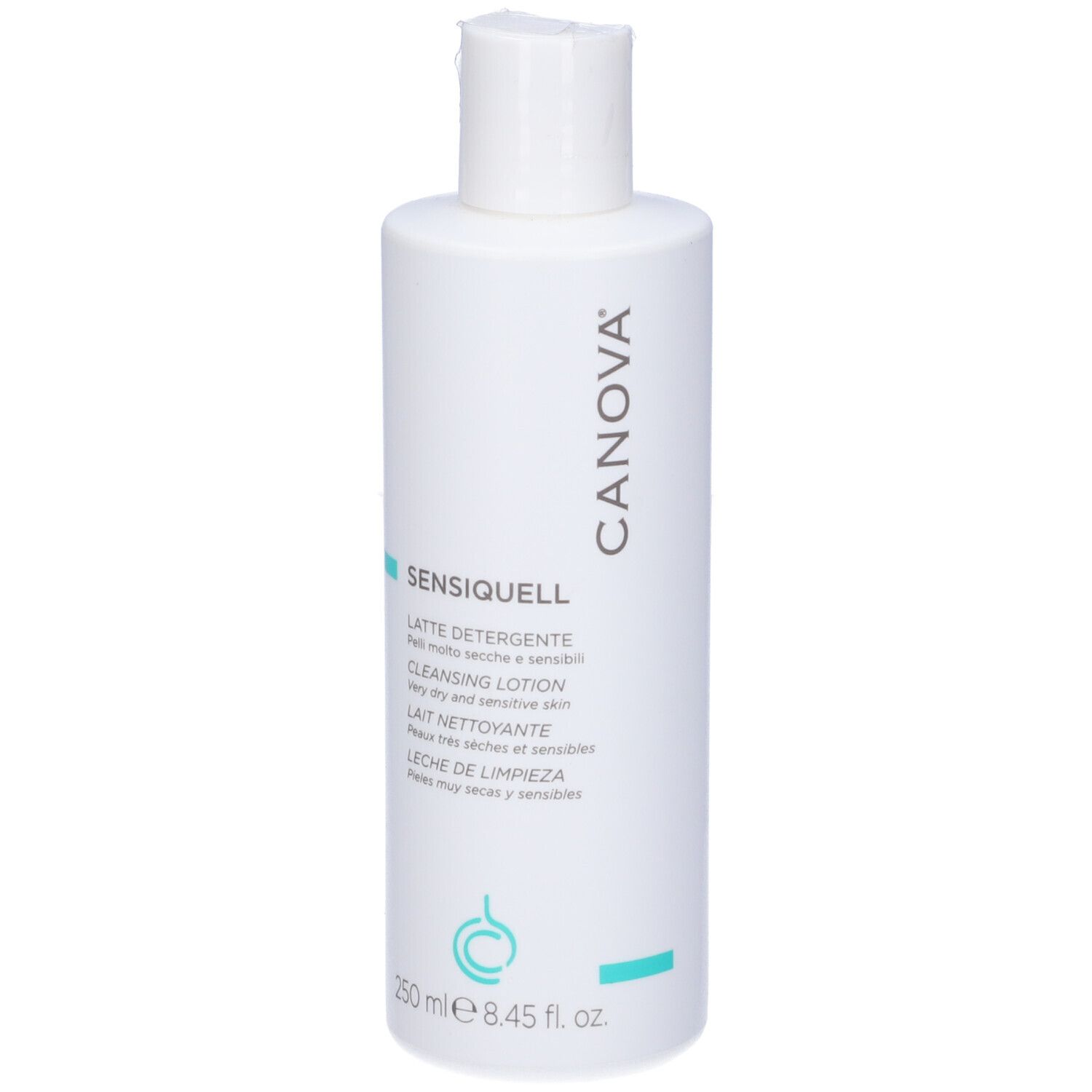 Flacone bianco con informazioni prodotto. Logo CANOVA. SENSQUELL, LATTE DETERGENTE. 250 ml. Per pelli molto secche e sensibili.