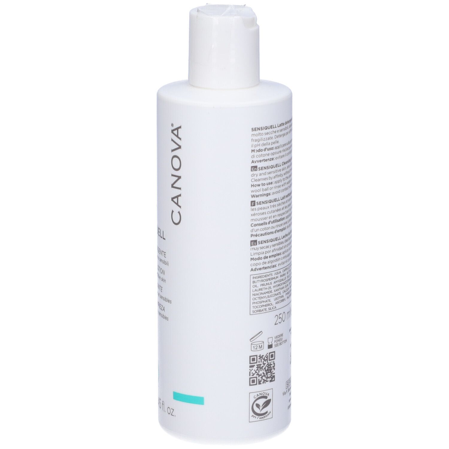 Flacone bianco con informazioni prodotto. Logo CANOVA. SENSQUELL, LATTE DETERGENTE. 250 ml. Per pelli molto secche e sensibili.