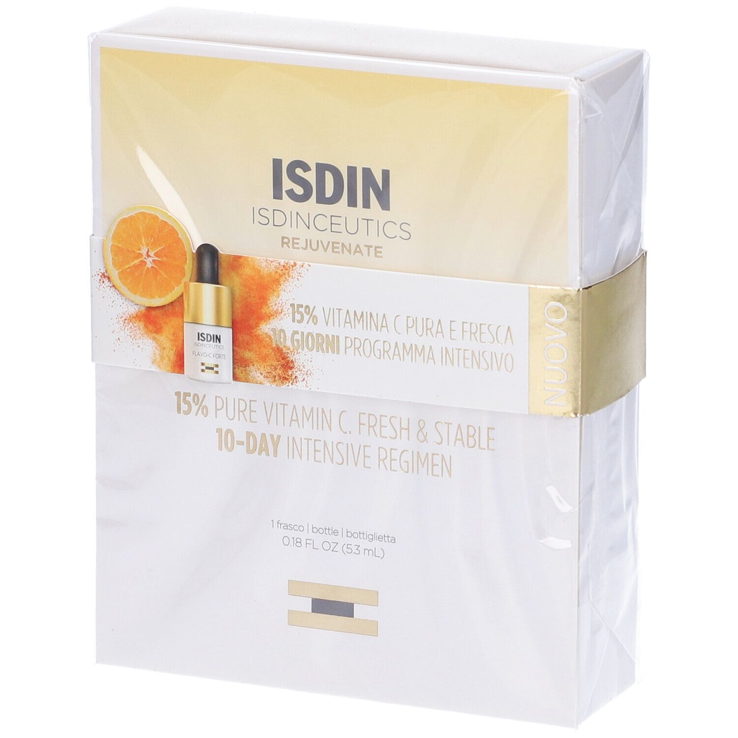 Confezione con flacone di siero, nome del prodotto e ingredienti. Illustrazione di arancia e testo: 15% Vitamina C.
