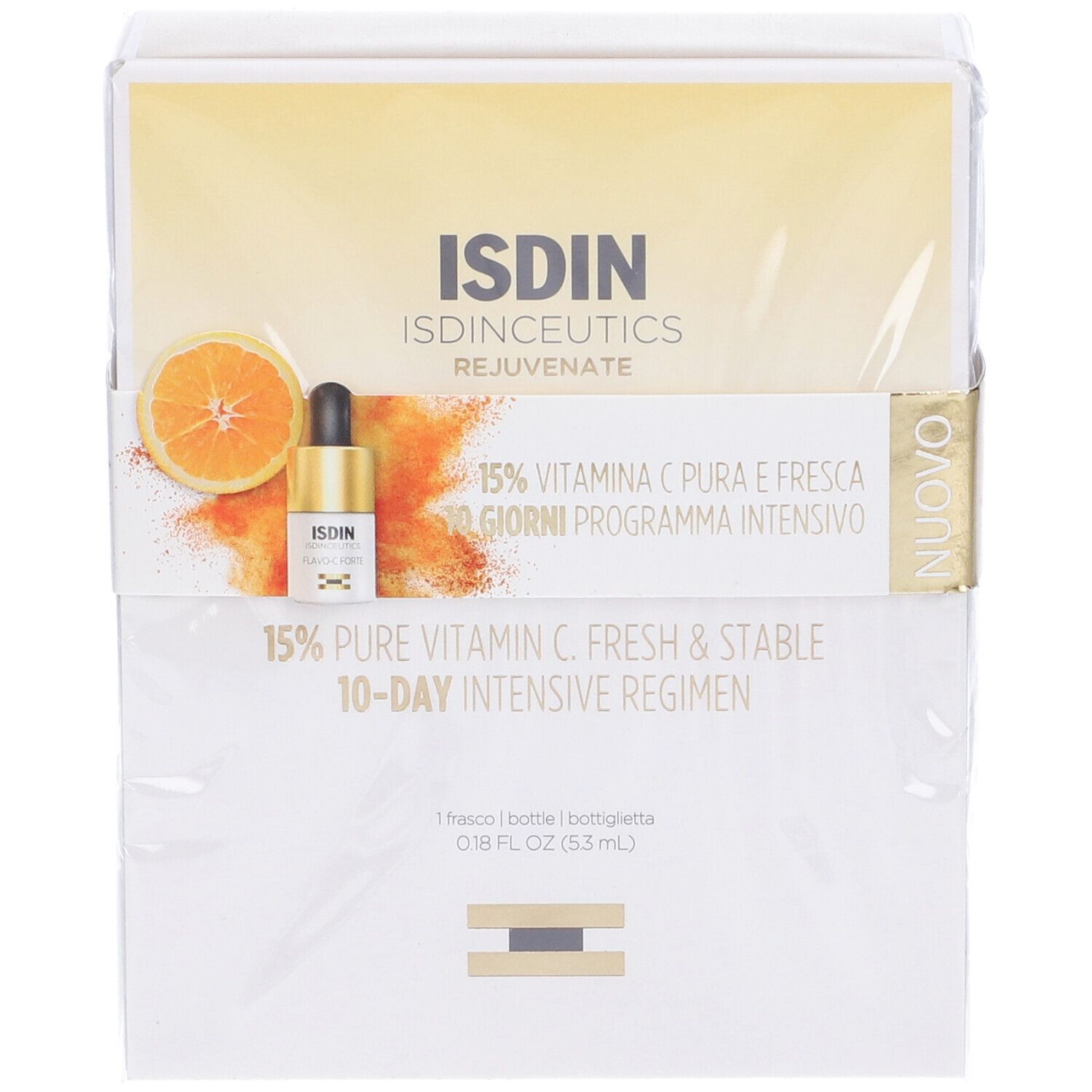 Confezione con flacone di siero, nome del prodotto e ingredienti. Illustrazione di arancia e testo: 15% Vitamina C.