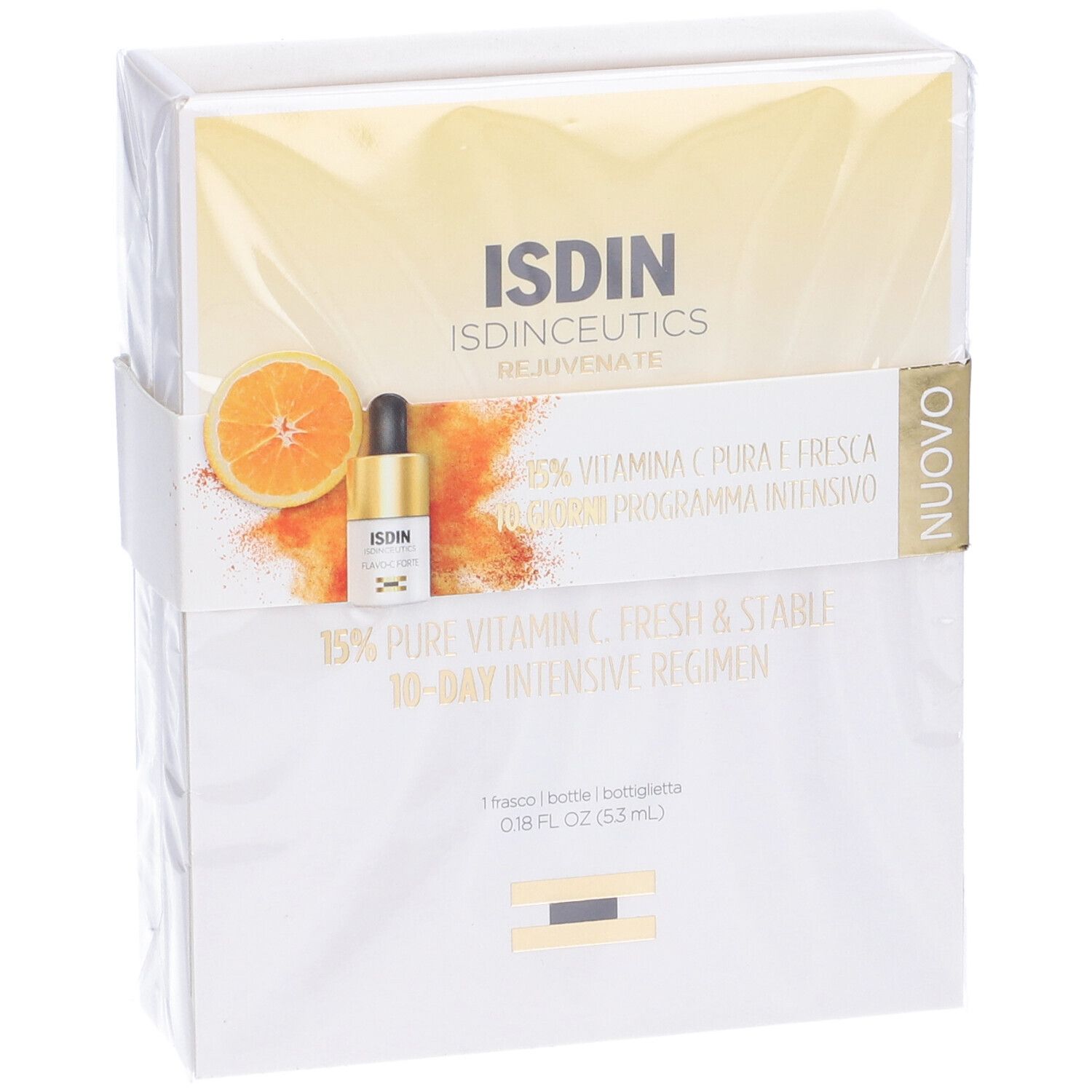 Confezione con flacone di siero, nome del prodotto e ingredienti. Illustrazione di arancia e testo: 15% Vitamina C.