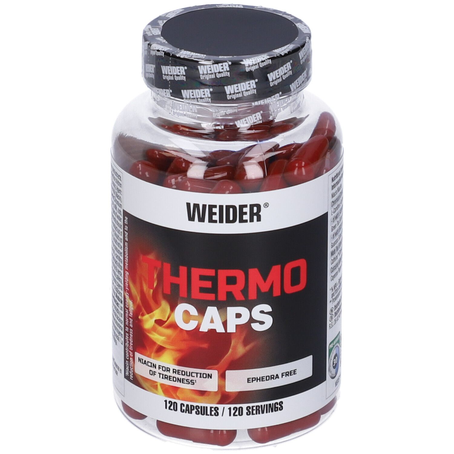 Flacone trasparente con capsule rosse. Tappo nero. Etichetta "WEIDER THERMO CAPS". 120 capsule, senza efedra.