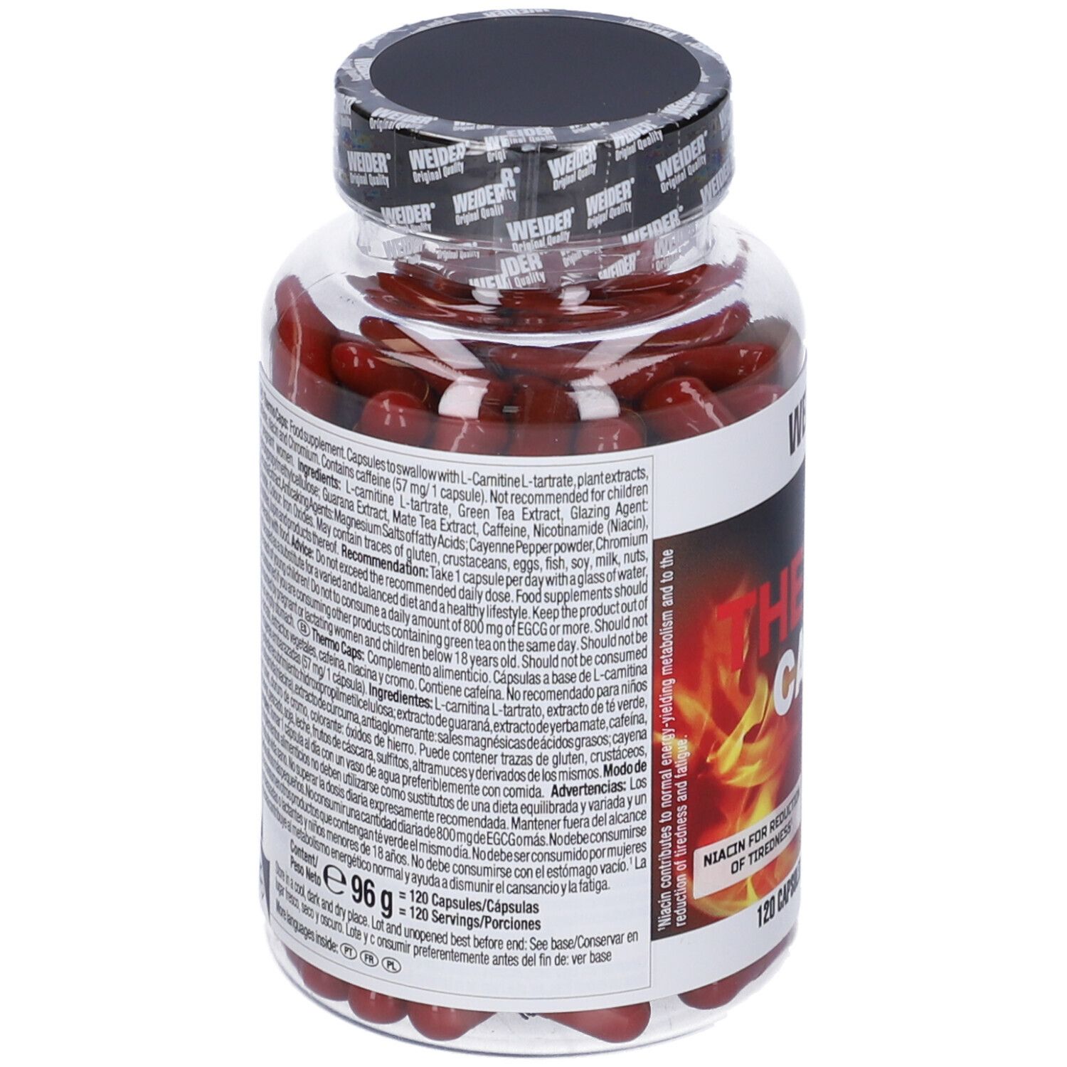 Flacone trasparente con capsule rosse. Retro con ingredienti e avvertenze. Tappo nero. 96g.