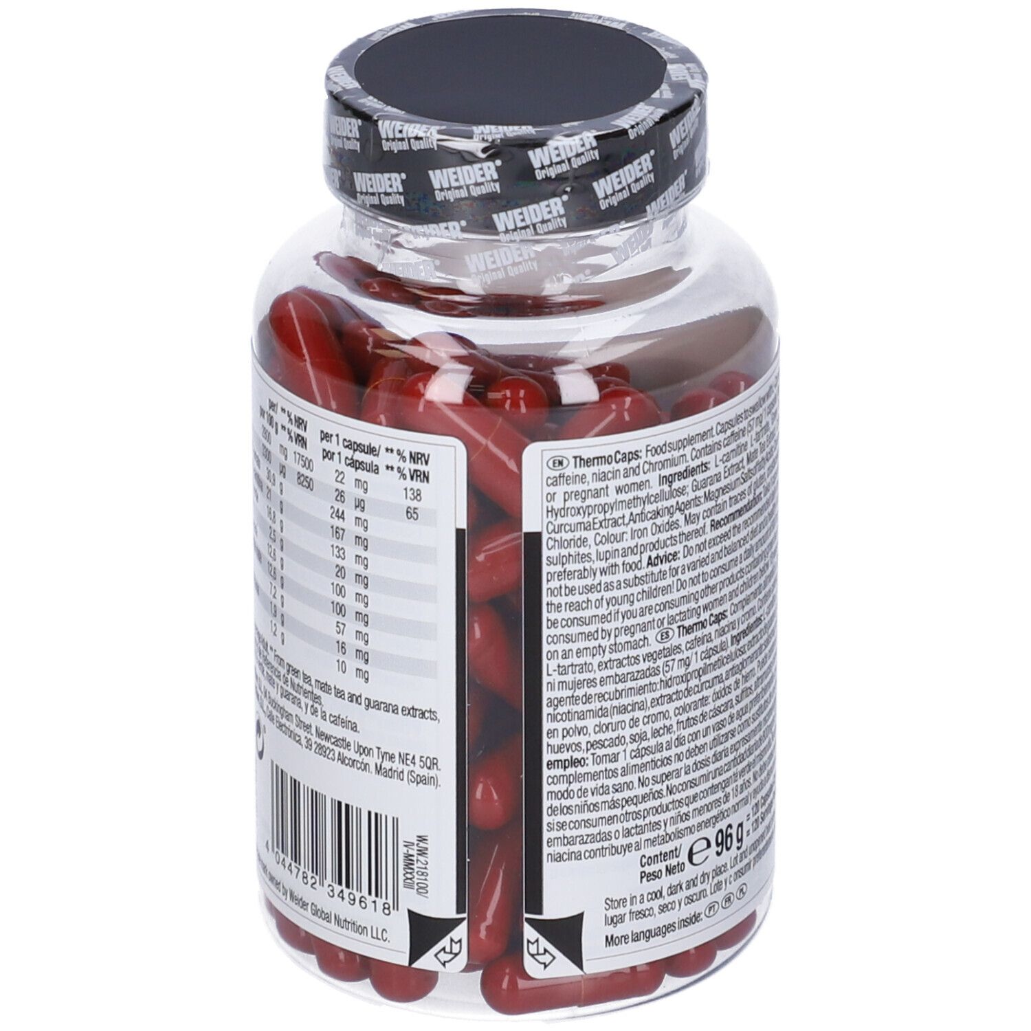 Flacone trasparente con capsule rosse. Retro con informazioni nutrizionali. Tappo nero. 96g.