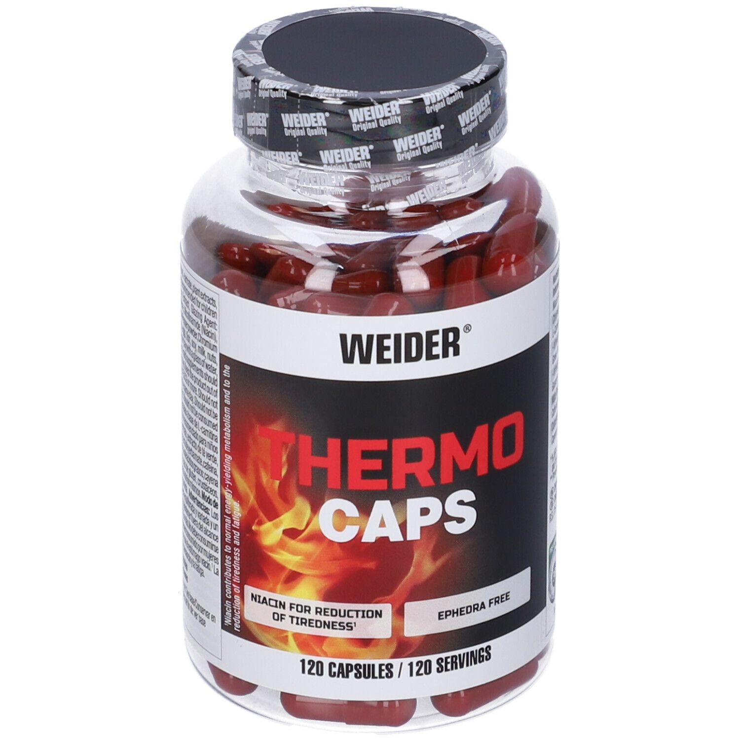 Flacone trasparente con capsule rosse. Tappo nero. Etichetta "WEIDER THERMO CAPS". 120 capsule, senza efedra.
