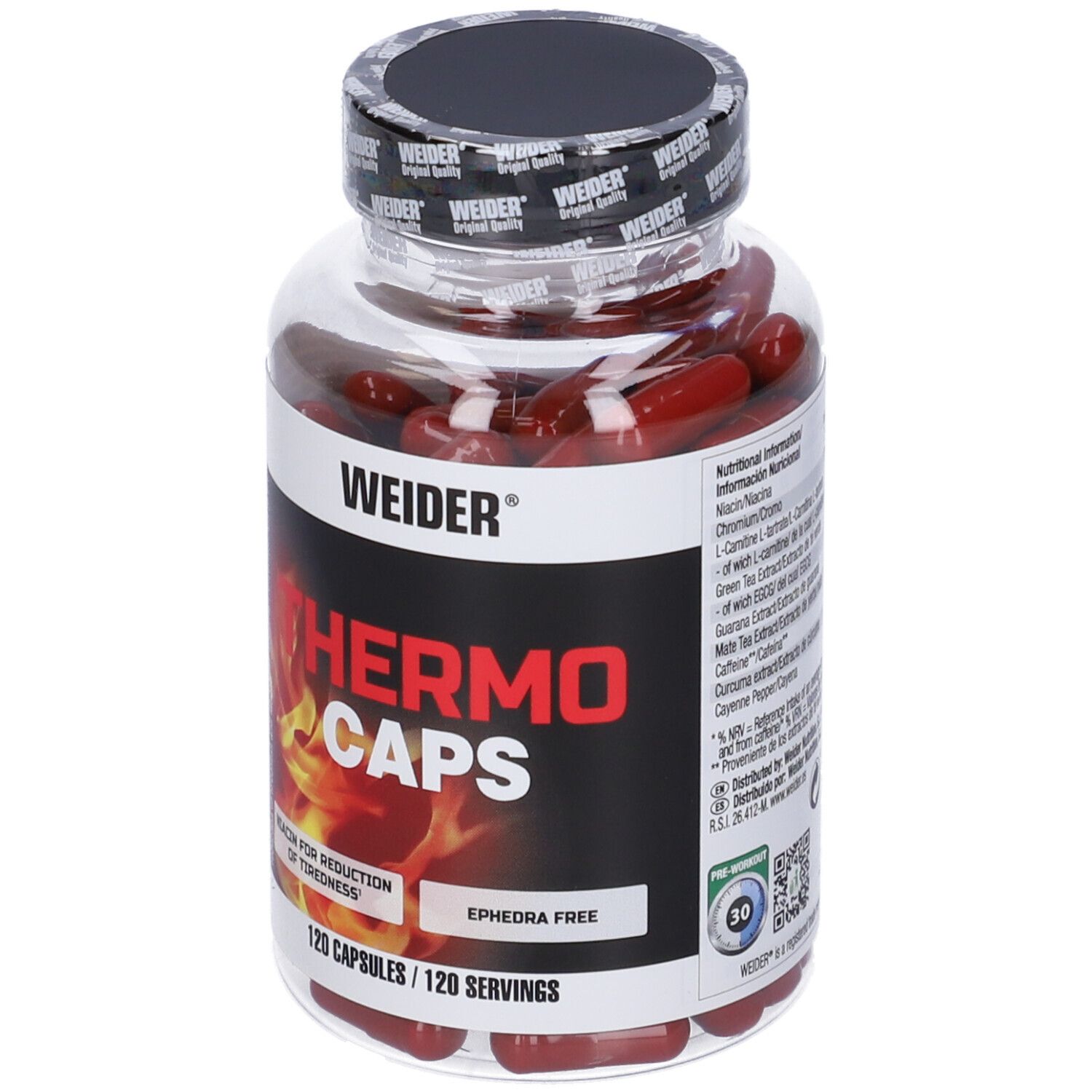 Flacone trasparente con capsule rosse. Tappo nero. Etichetta "WEIDER THERMO CAPS". 120 capsule, senza efedra.