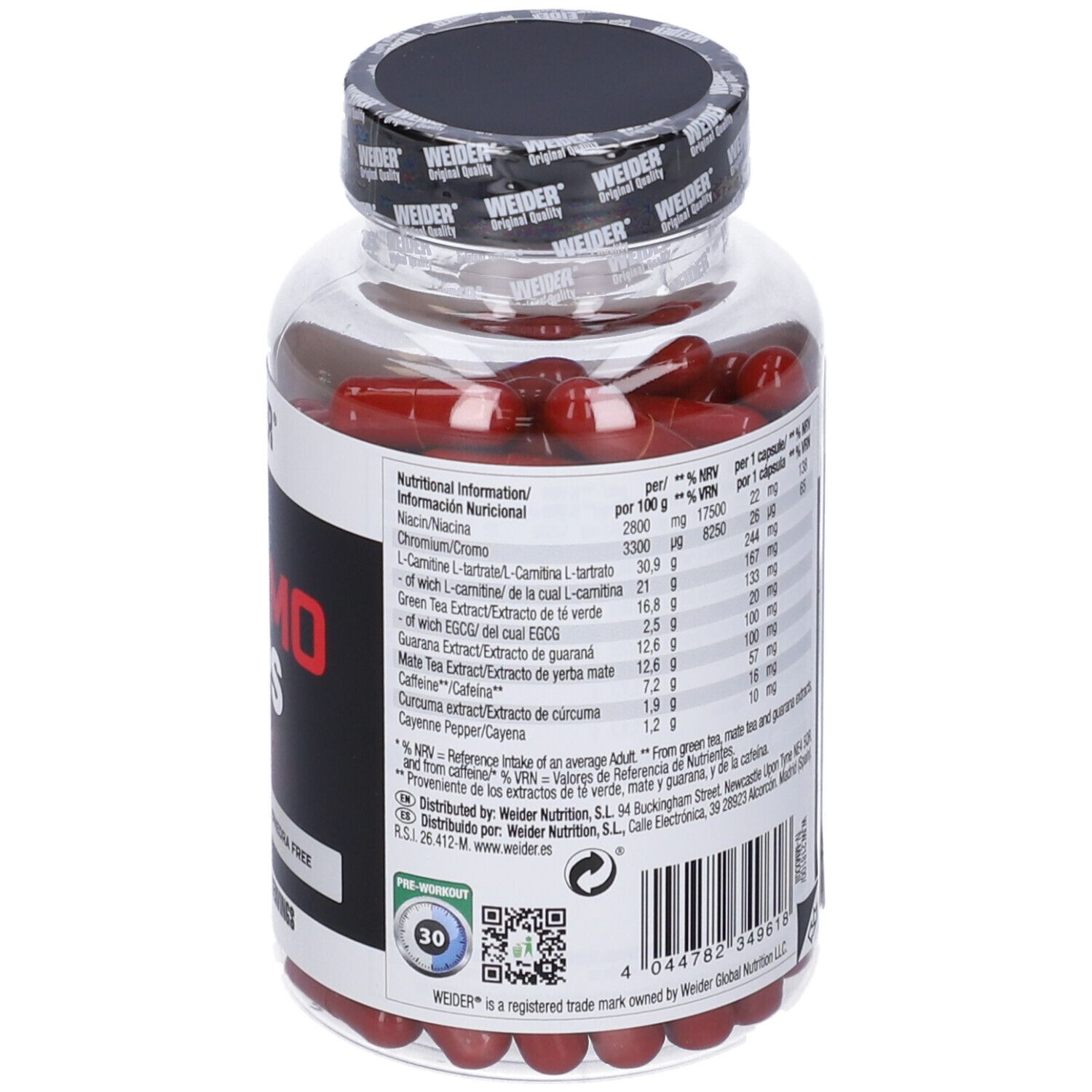 Flacone trasparente con capsule rosse. Retro con informazioni nutrizionali. Tappo nero. 96g. Sigillo 30 giorni.