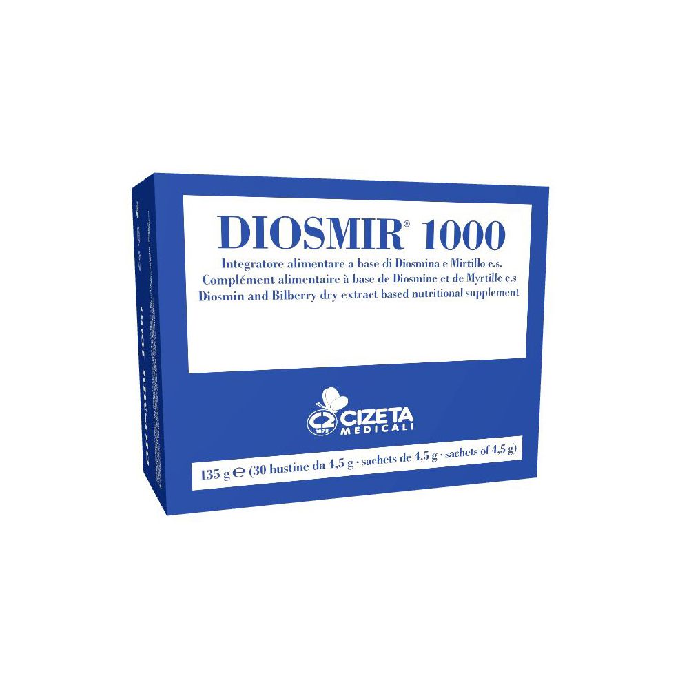 Confezione blu e bianca Diosmir 1000. Testo: Diosmir 1000, integratore alimentare. Logo Cizeta Medicali. 30 bustine.