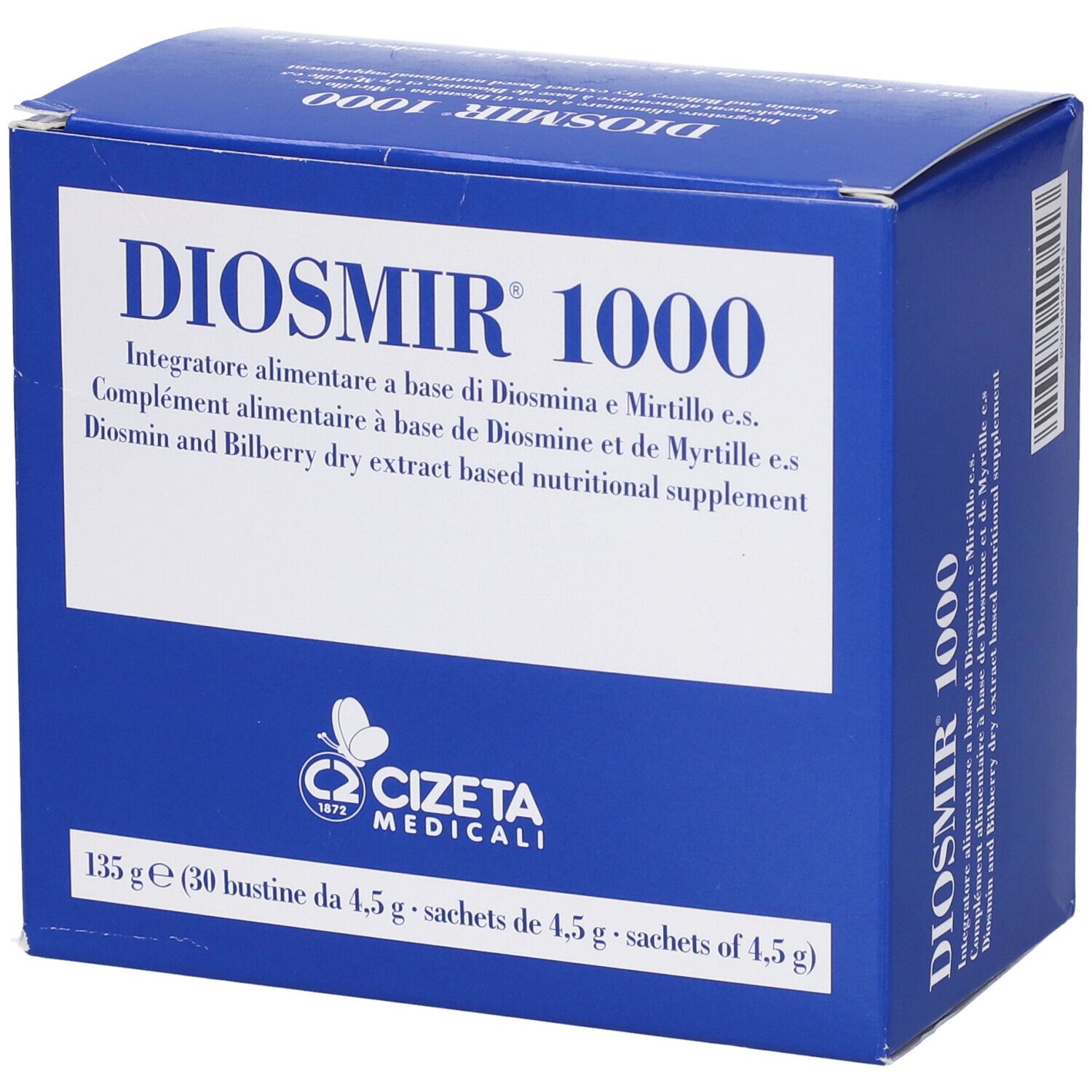 Confezione Diosmir 1000, blu. Testo: Diosmir 1000, integratore alimentare. Logo Cizeta Medicali. 30 bustine.