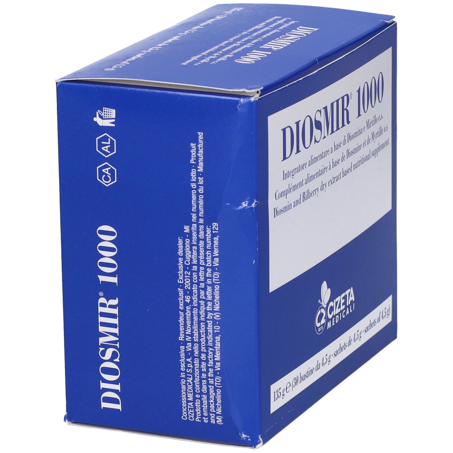 Confezione Diosmir 1000, blu. Testo: Diosmir 1000, integratore alimentare. Logo Cizeta Medicali. 30 bustine.