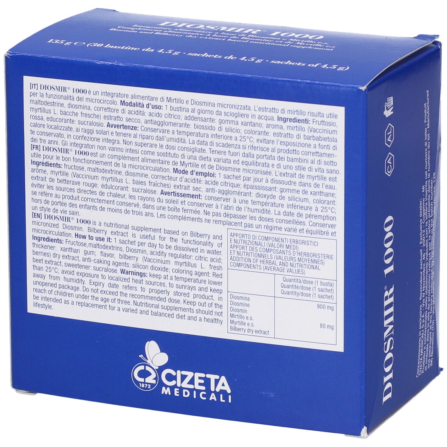 Confezione Diosmir 1000, blu. Testo: Diosmir 1000, integratore alimentare. Logo Cizeta Medicali. 30 bustine. Retro con informazioni.