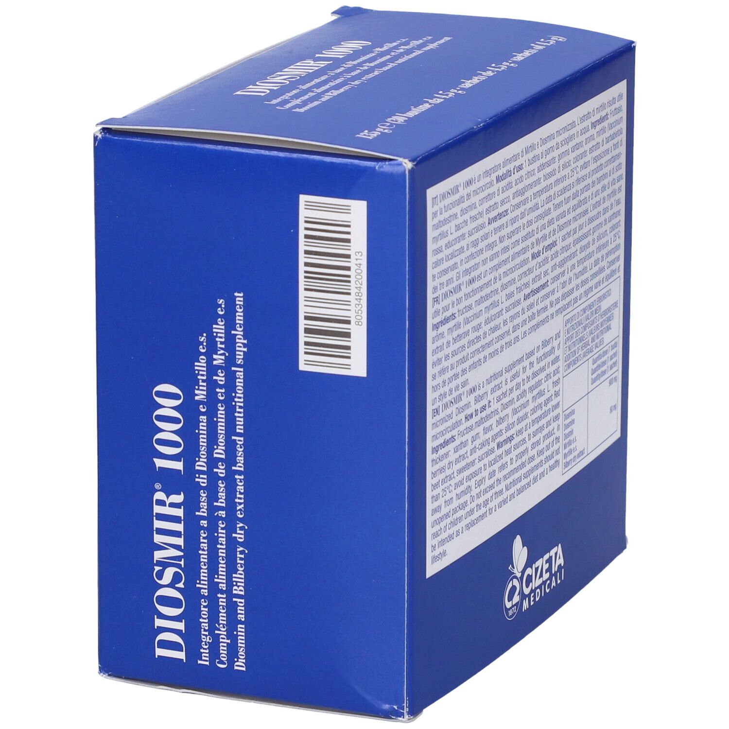 Confezione Diosmir 1000, blu. Testo: Diosmir 1000, integratore alimentare. Logo Cizeta Medicali. 30 bustine. Vista laterale.