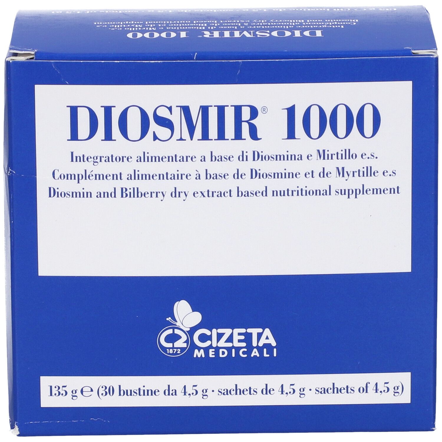 Confezione Diosmir 1000, blu. Testo: Diosmir 1000, integratore alimentare. Logo Cizeta Medicali. 30 bustine.