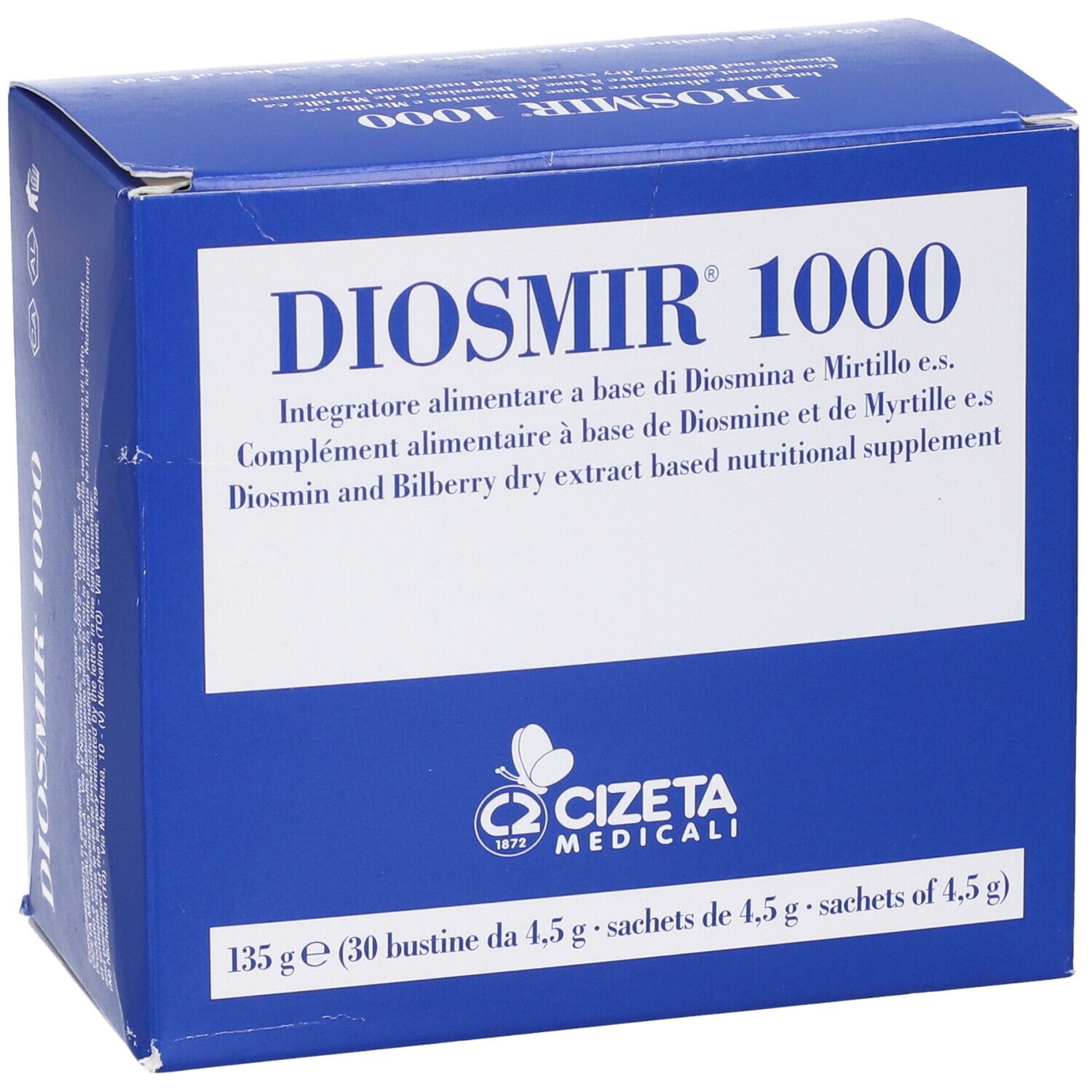 Confezione Diosmir 1000, blu. Testo: Diosmir 1000, integratore alimentare. Logo Cizeta Medicali. 30 bustine.