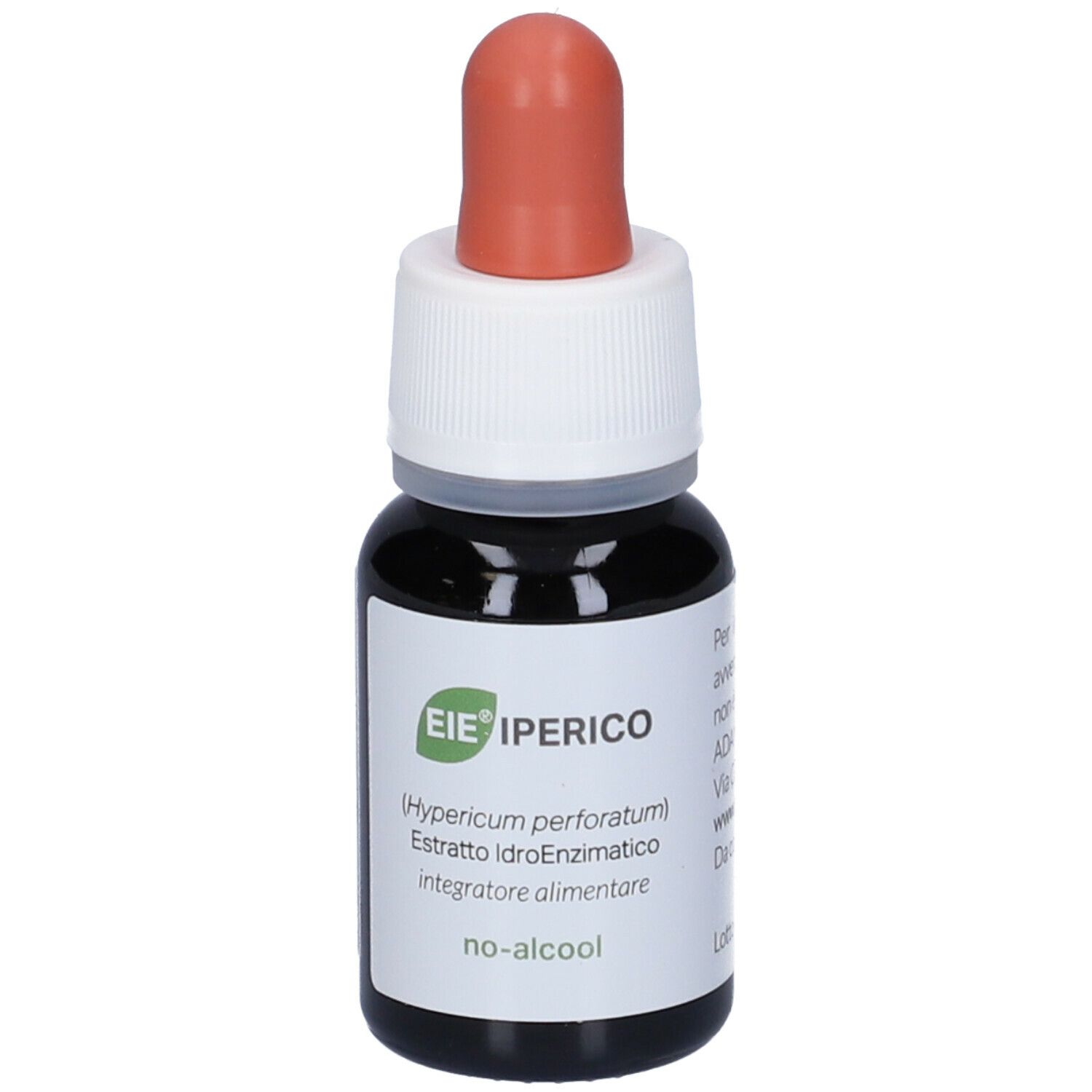 Flacone di vetro marrone con tappo bianco e contagocce rosso. Etichetta con testo: EIE Iperico, no-alcool.