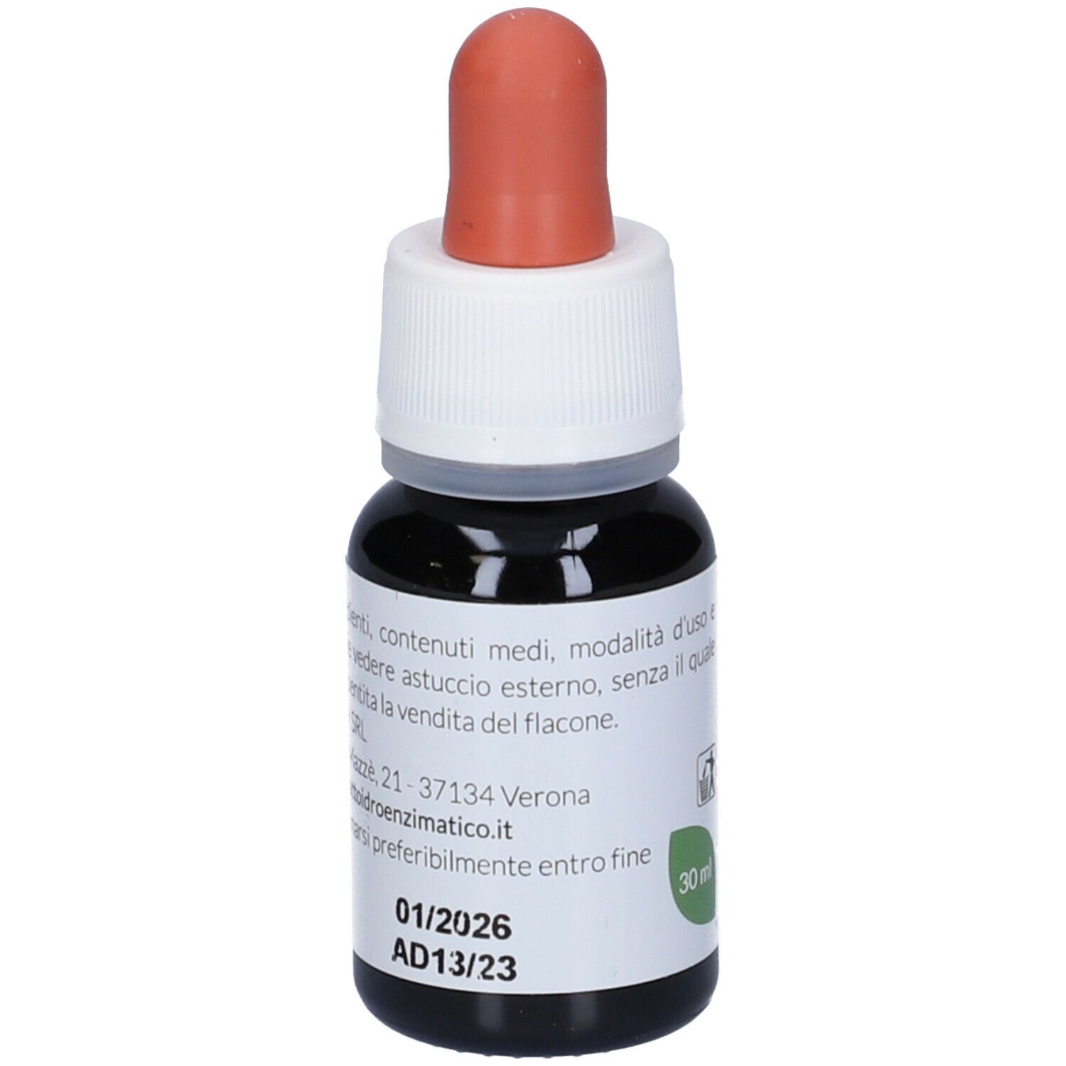 Flacone di vetro marrone con tappo bianco e contagocce rosso. Etichetta con testo: EIE Iperico, 30 ml, scadenza 01/2026.