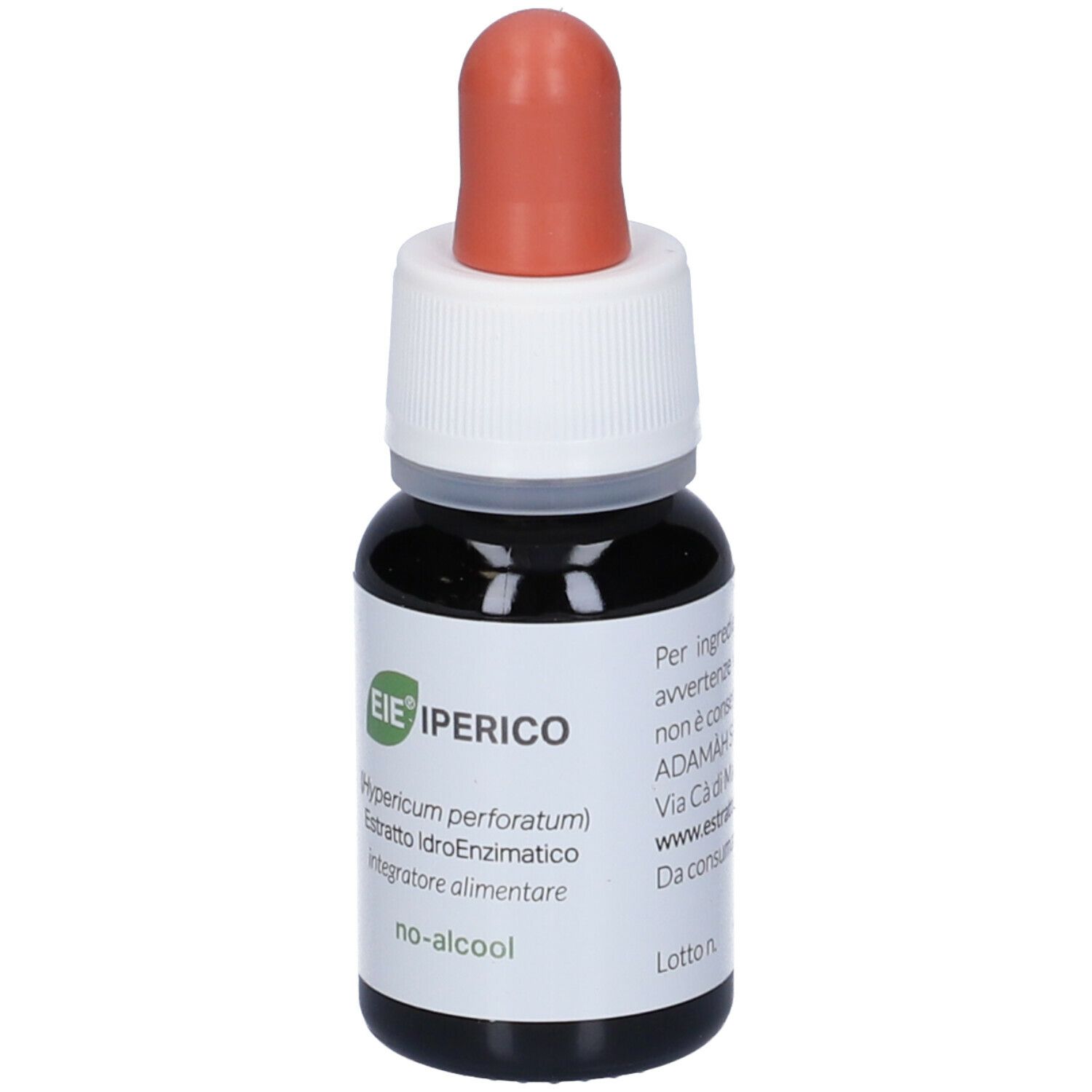 Flacone di vetro marrone con tappo bianco e contagocce rosso. Etichetta con testo: EIE Iperico, no-alcool, 30 ml.