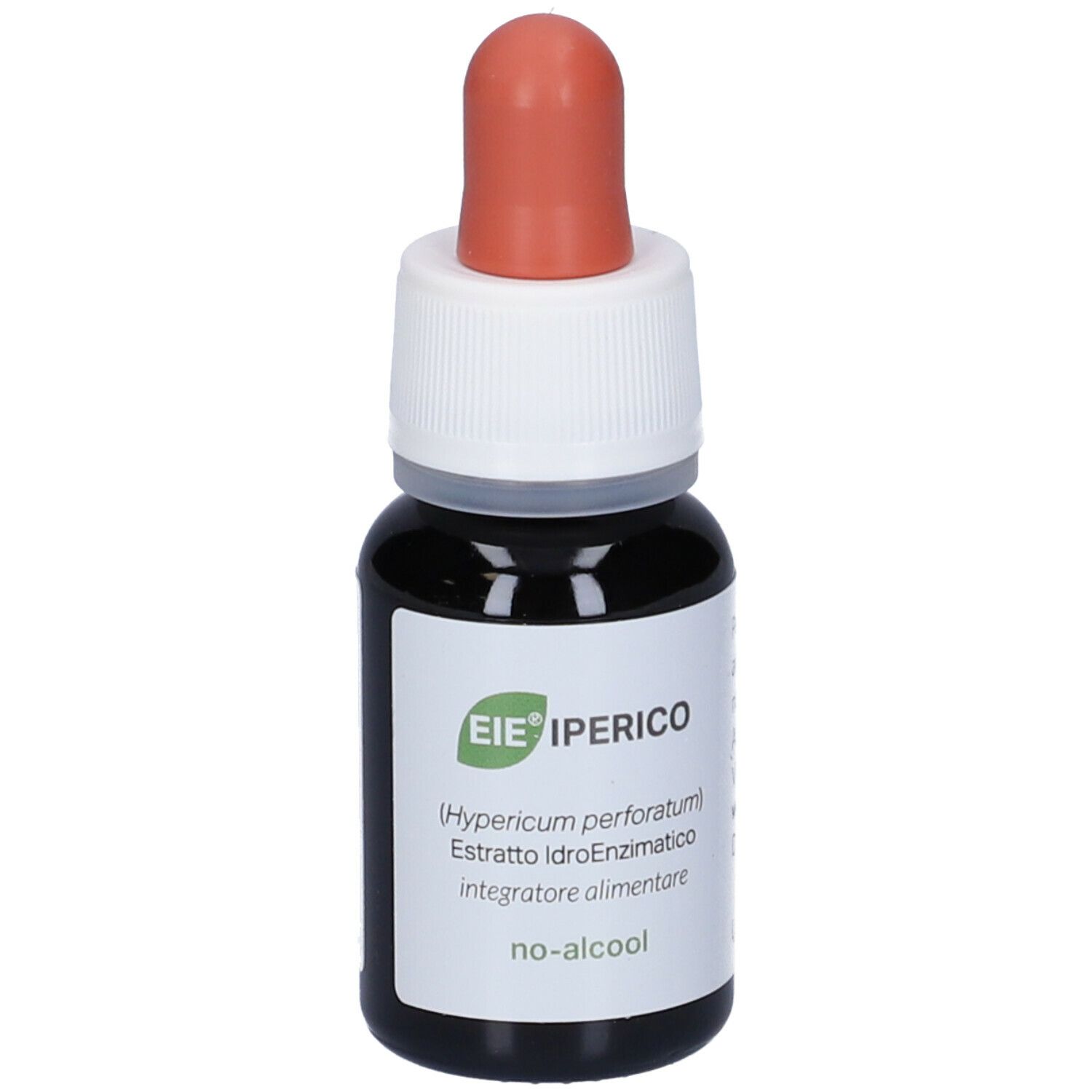Flacone di vetro marrone con tappo bianco e contagocce rosso. Etichetta con testo: EIE Iperico, no-alcool, 30 ml.